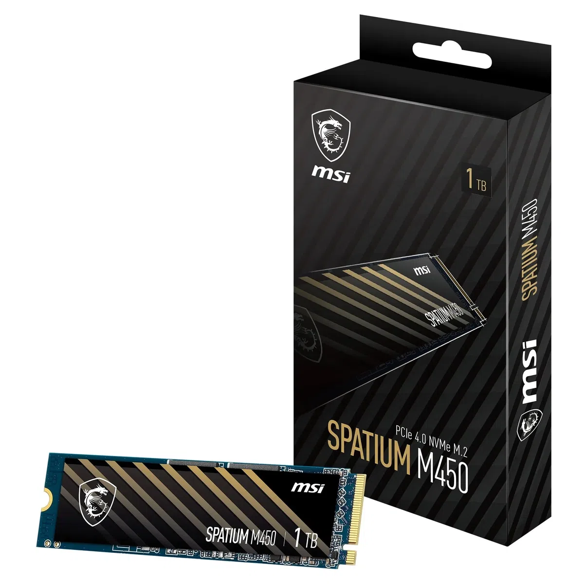 MSI M450 PCIe 4.0 NVMe M.2 1TB V1 - Disque SSD Interne 1 to, PCIe 4.0 NVMe M.2, Lecture 3400 MB/s & Écriture 2400 MB/s, 3D NAND, Sécurité des Données Intégrée, 350 TBW, Garantie 5 Ans