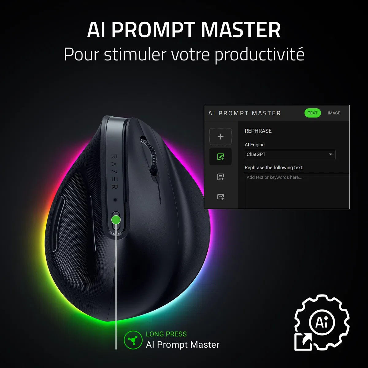 Razer Pro Click V2 Vertical - Souris Ergonomique Verticale sans Fil pour droitier - Assistance IA - Capteur Optique 30K - Windows & Mac (jusqu'à 6 Mois d'autonomie, Chroma RGB, 9 Boutons) Noir
