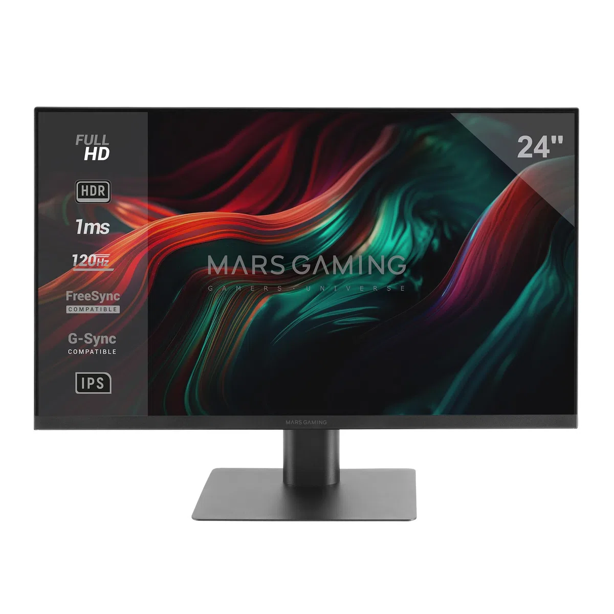 Mars Gaming MV-24, Moniteur 24" IPS FHD 120Hz, HDR10 1ms, FreeSync et G-Sync, Écran PC Enceintes Intégrés, Inclinaison 25°, Low Blue Light et Flicker Free, HDMI + DisplayPort + Jack 3.5mm, Noir