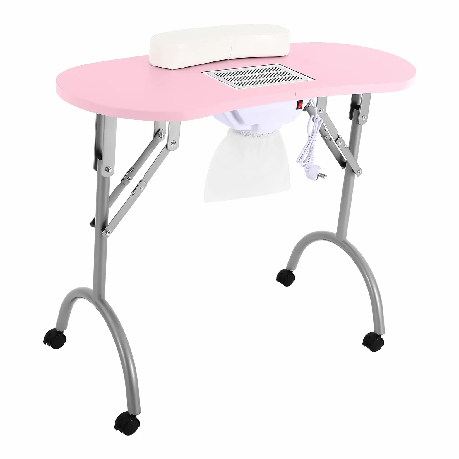 Table de manucure pliable avec roulettes, aspirateur et repose-poignet - Rose