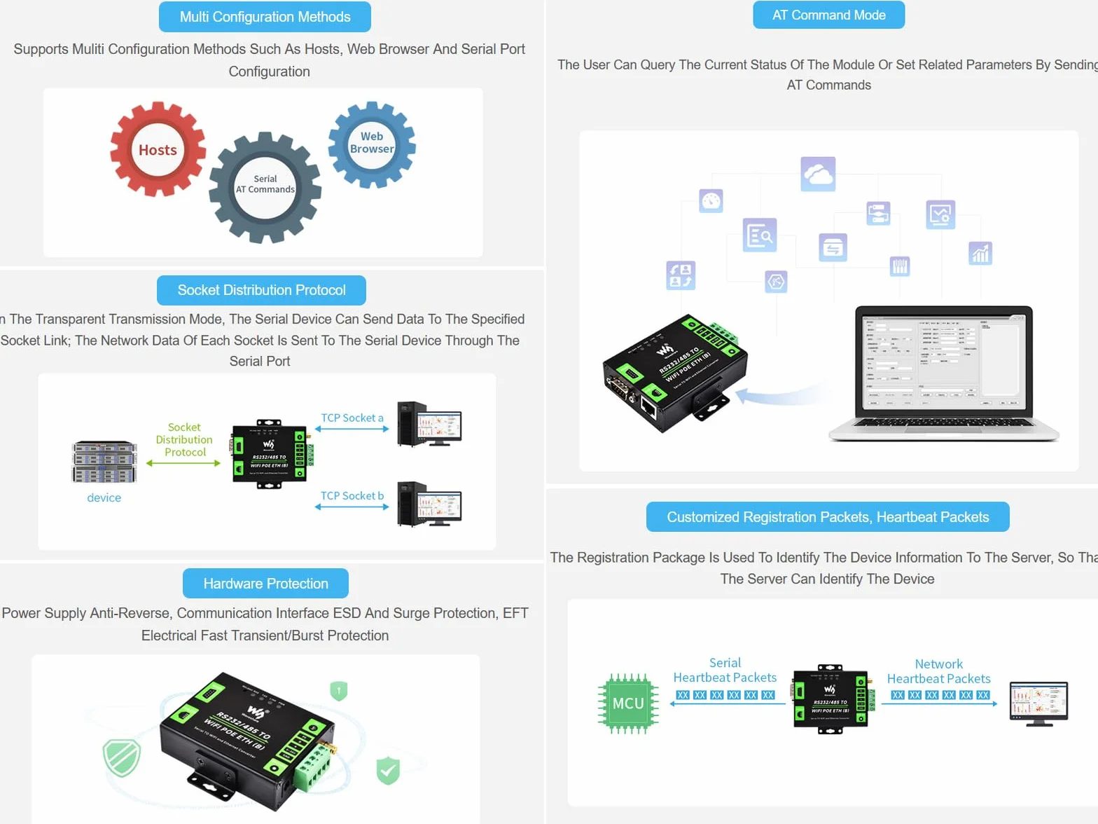 Serveur Série RS232/485 vers WiFi POE Ethernet Convertisseur, Modbus/MQTT Gateway, Support Série vers WiFi, Série vers Ethernet, Ethernet vers WiFi, etc. Alimentation DC 6~36V/PoE