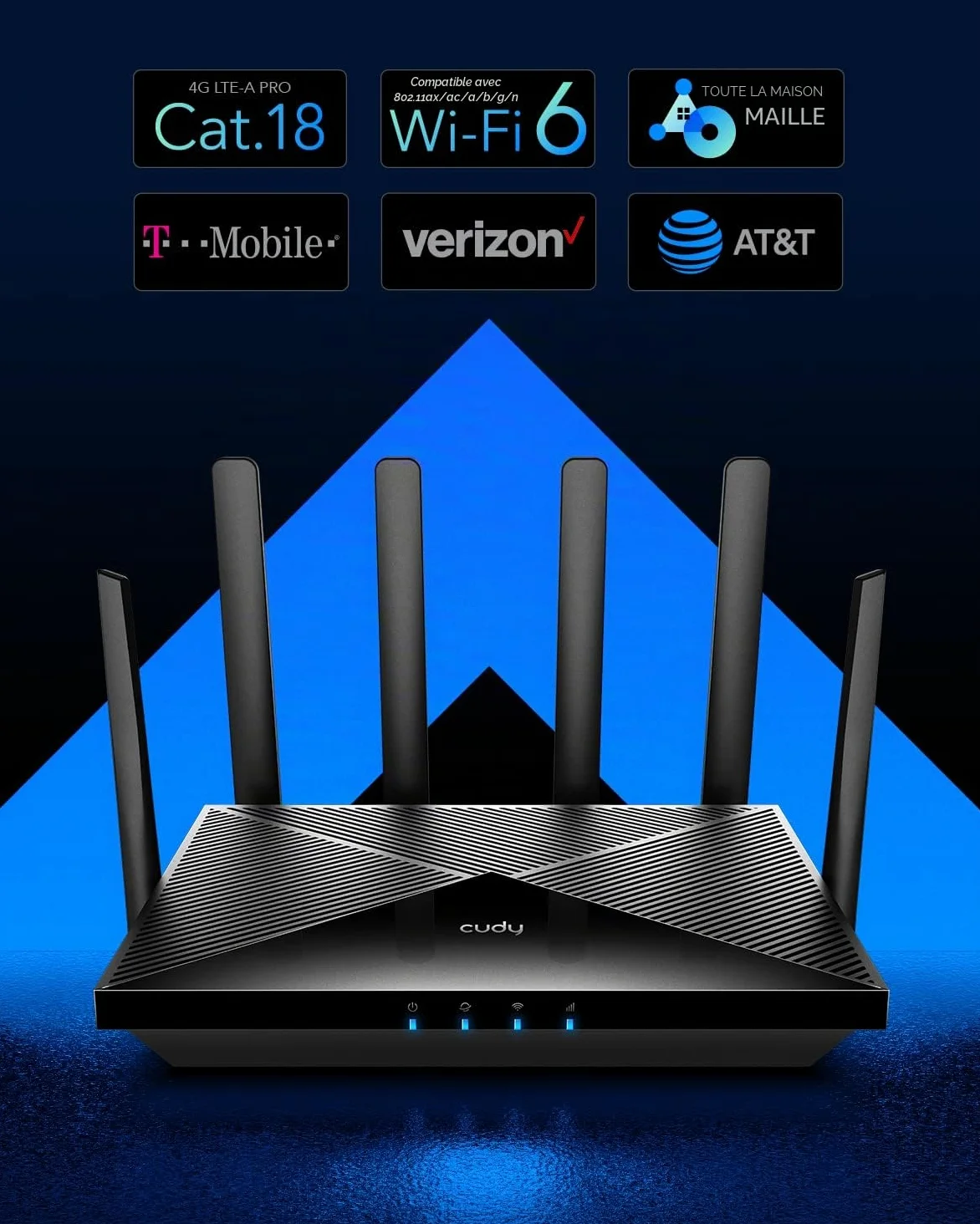 Cudy Routeur 4G LTE Cat 18 WiFi 6, jusqu'à 1,2 Gbps 4G LTE Modem 4 x 4 MIMO, AX1800 WiFi 6, OpenVPN, Wireguard, Zerotier, Cloudflare, IPv6, antennes Mobiles Amovibles, Double SIM