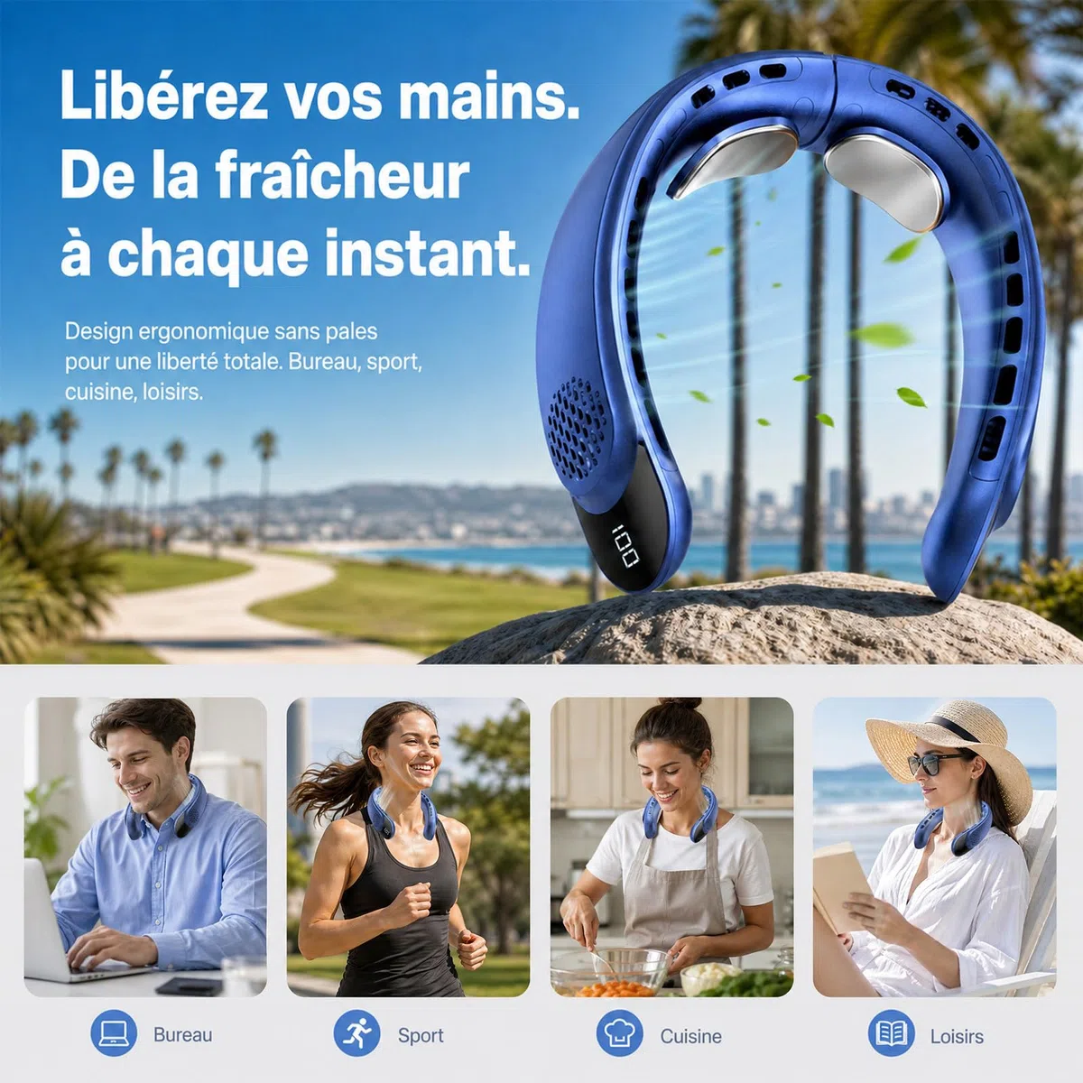 Ventlateur de cou 4000 mAh ventilateur portable 3 vitesses affichage LED 360 degres cooling ventilateur de nuque 50DB faible bruit