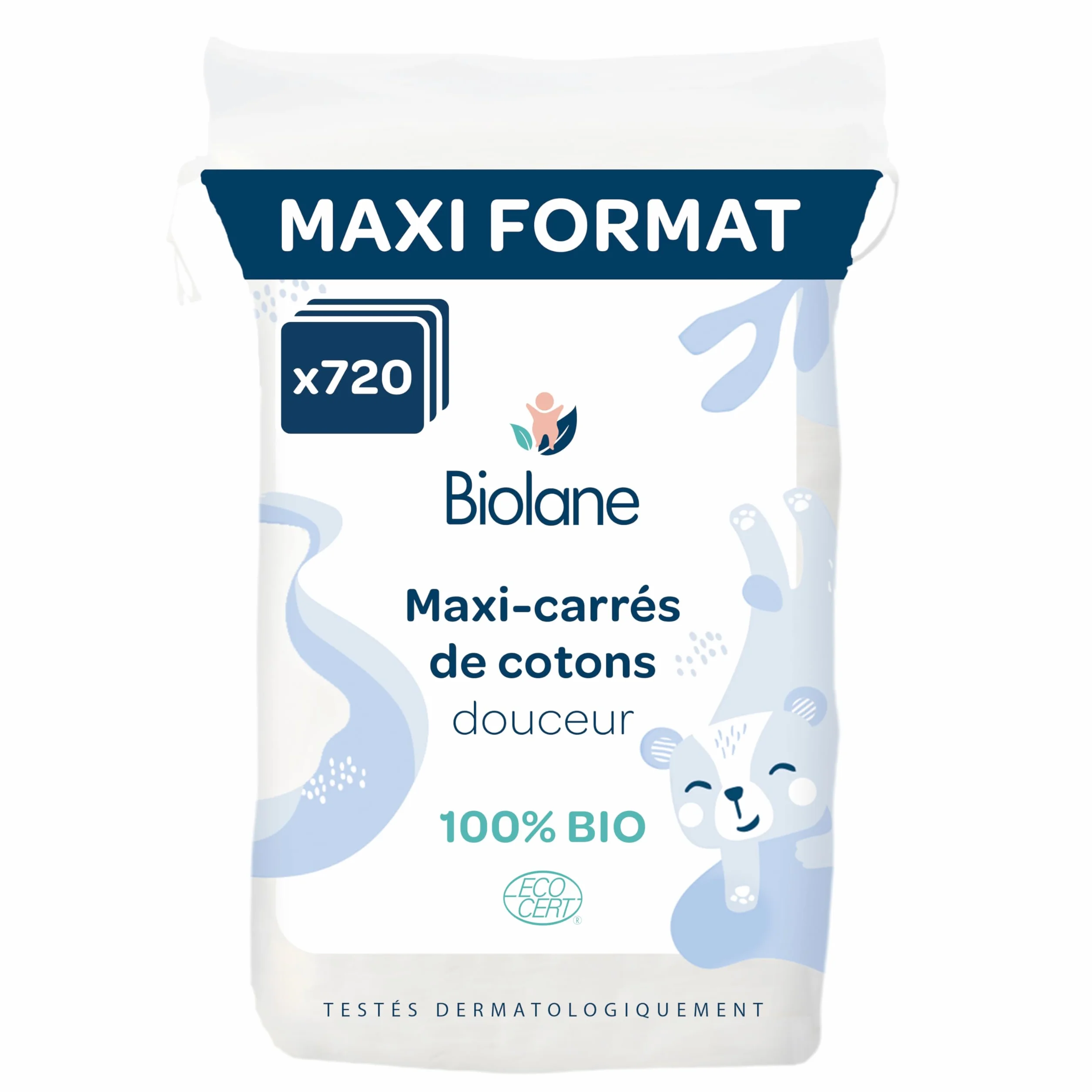 BIOLANE Lot de 12 Maxi-Carrés de cotons 100% Bio 720 Cotons Peaux sensibles Change & Toilette