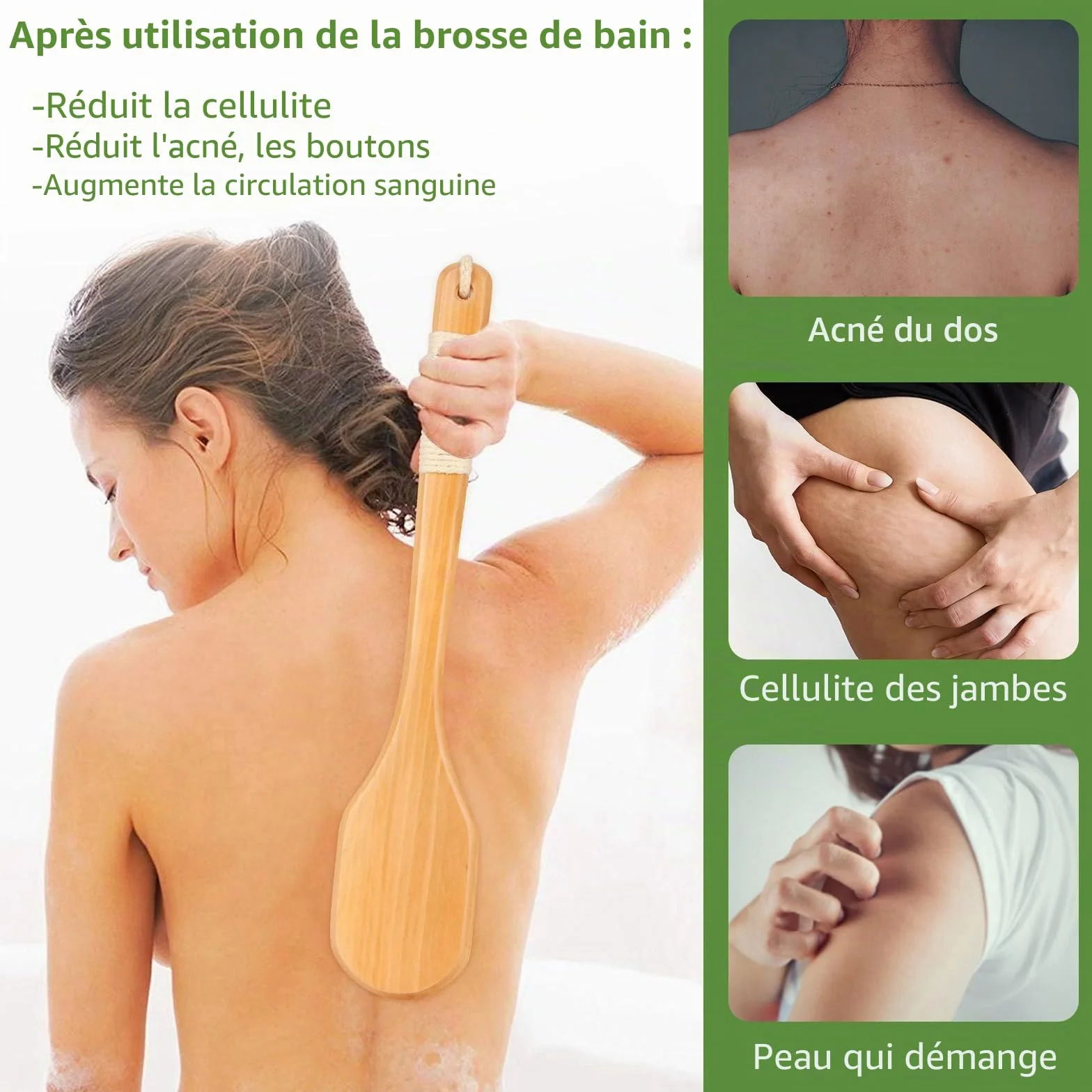 Brosse dos Douche 44,5CM Brosse Exfoliante Corps Bois Poils Naturels Longue Manche