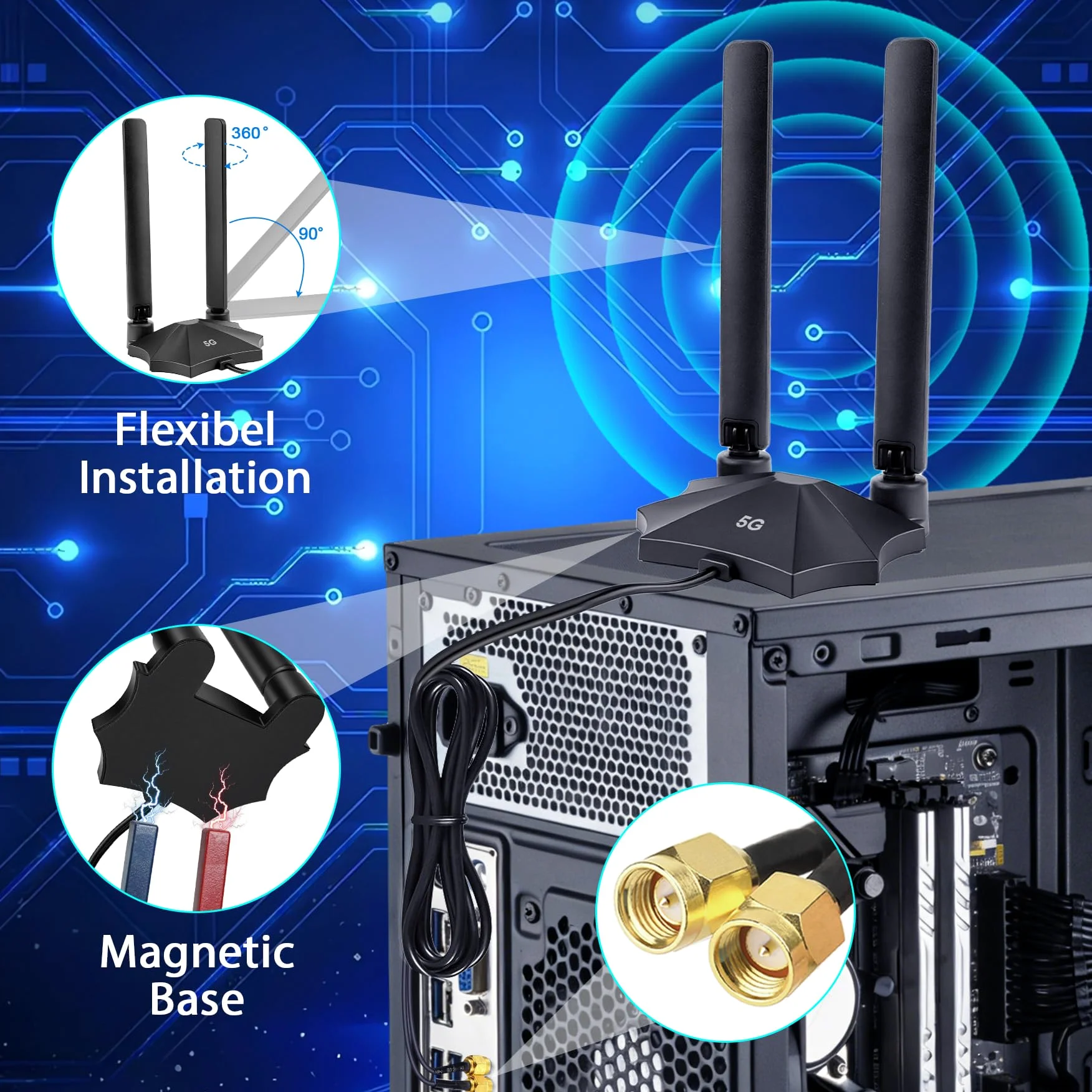 Antenne routeur 5G 4G LTE 8dBi – Large bande 698-3980 MHz Antenne magnétique avec câble de 2 m, prises SMA et TS9 compatible avec Netgear, Huawei, ZTE et passerelles industrielles