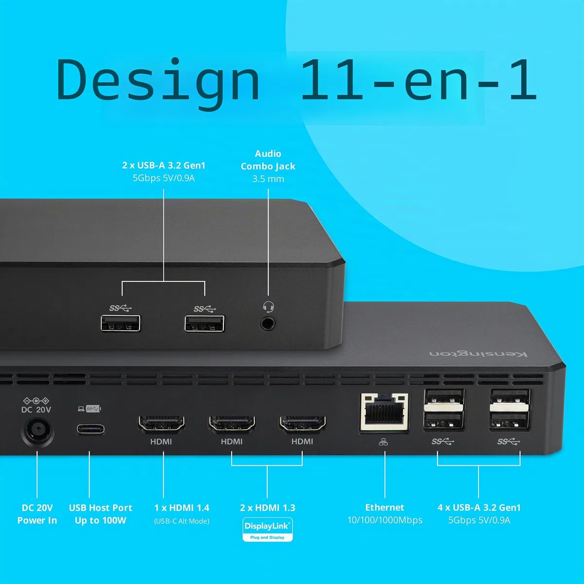 Kensington SD4760P Station d'accueil USB-C 11 en 1 Triple Moniteur DisplayLink, 3 Ports HDMI, Charge 100 W pour Ordinateur Portable, 6 Ports USB A, Ethernet, Audio, pour Mac et Windows Pilote
