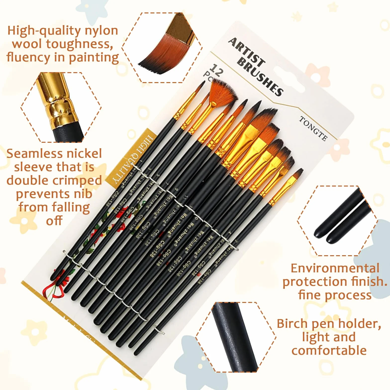 Lot de 12 pinceaux de maquillage pour enfants avec 10 éponges - Pinceaux fins pour peinture à l'huile débutants