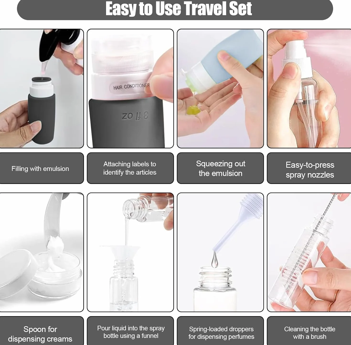 Flacons de Voyage en Silicone 17 Pièces Réutilisable Étanche Set Cosmétiques Shampoing sans BPA Noir