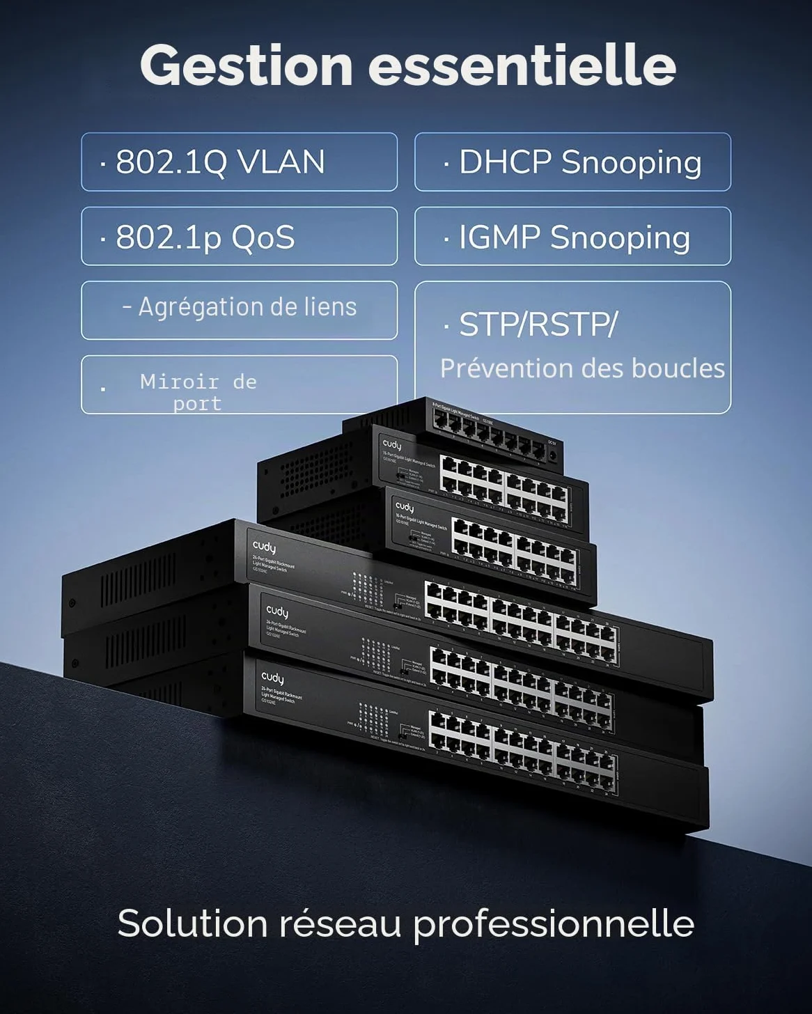 Cudy Commutateur Intelligent Gigabit à 16 Ports, 32 Gbit/s, GS1016E | 16 ports GbE, transfert à débit de ligne, isolation des ports/mode 250 m, boîtier SPCC, 200 × 118 × 44 mm, profe