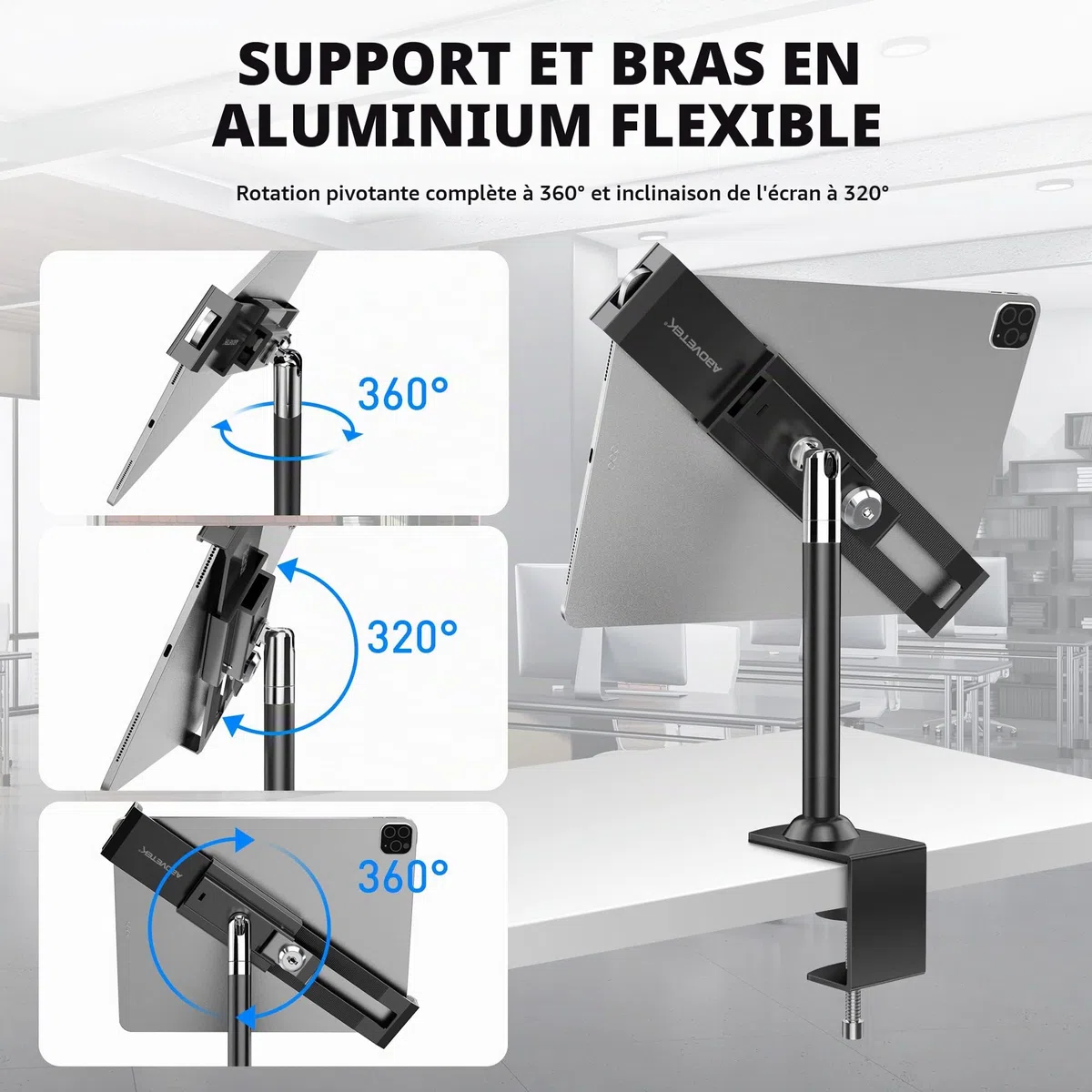 AboveTEK Support antivol verrouillable pour Tablette - 360/320 POS Swivel Support de Table de Bureau avec Pince pour iPad 7 à 11 Pouces Fire Microsoft Galaxy Tab Google (Noir)