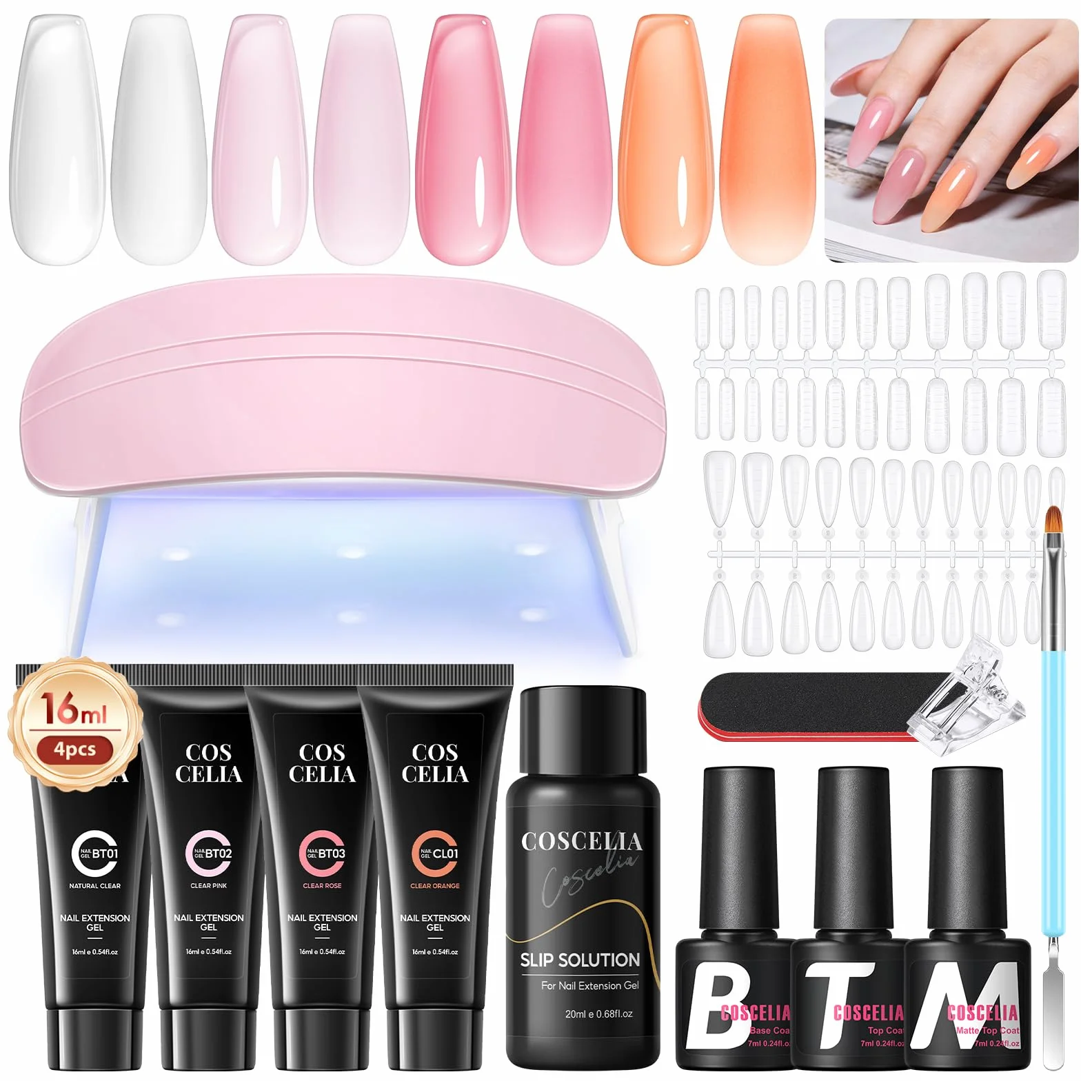 COSCELIA Poly Nail Gel Kit UV Complet, 4 Couleurs Extension Gel Art Set avec Lampe, Base & Top Coat, Faux Ongles 10ml