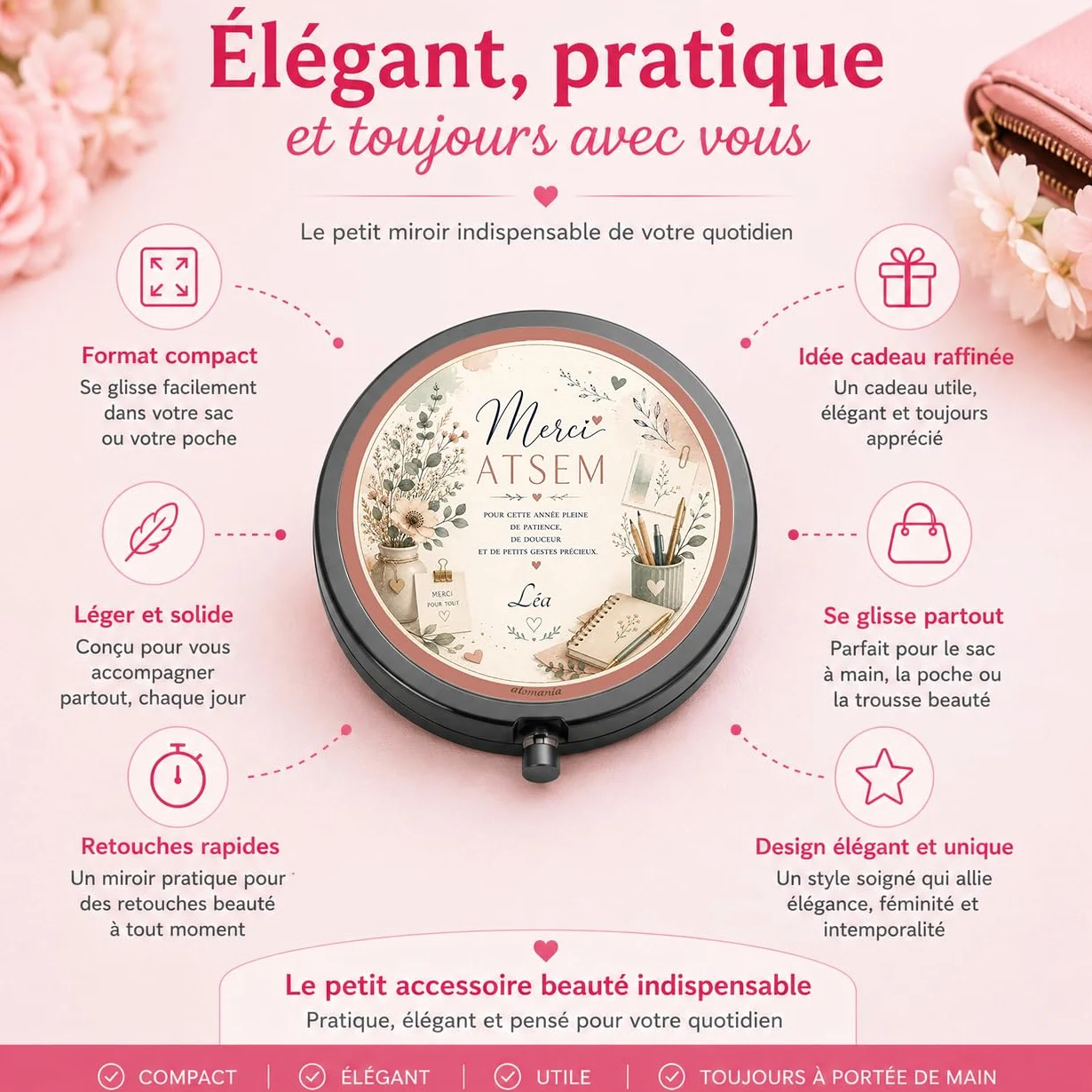 Miroir de Poche Personnalisé ATSEM Cadeau Fin d'Année Scolaire avec Prénom