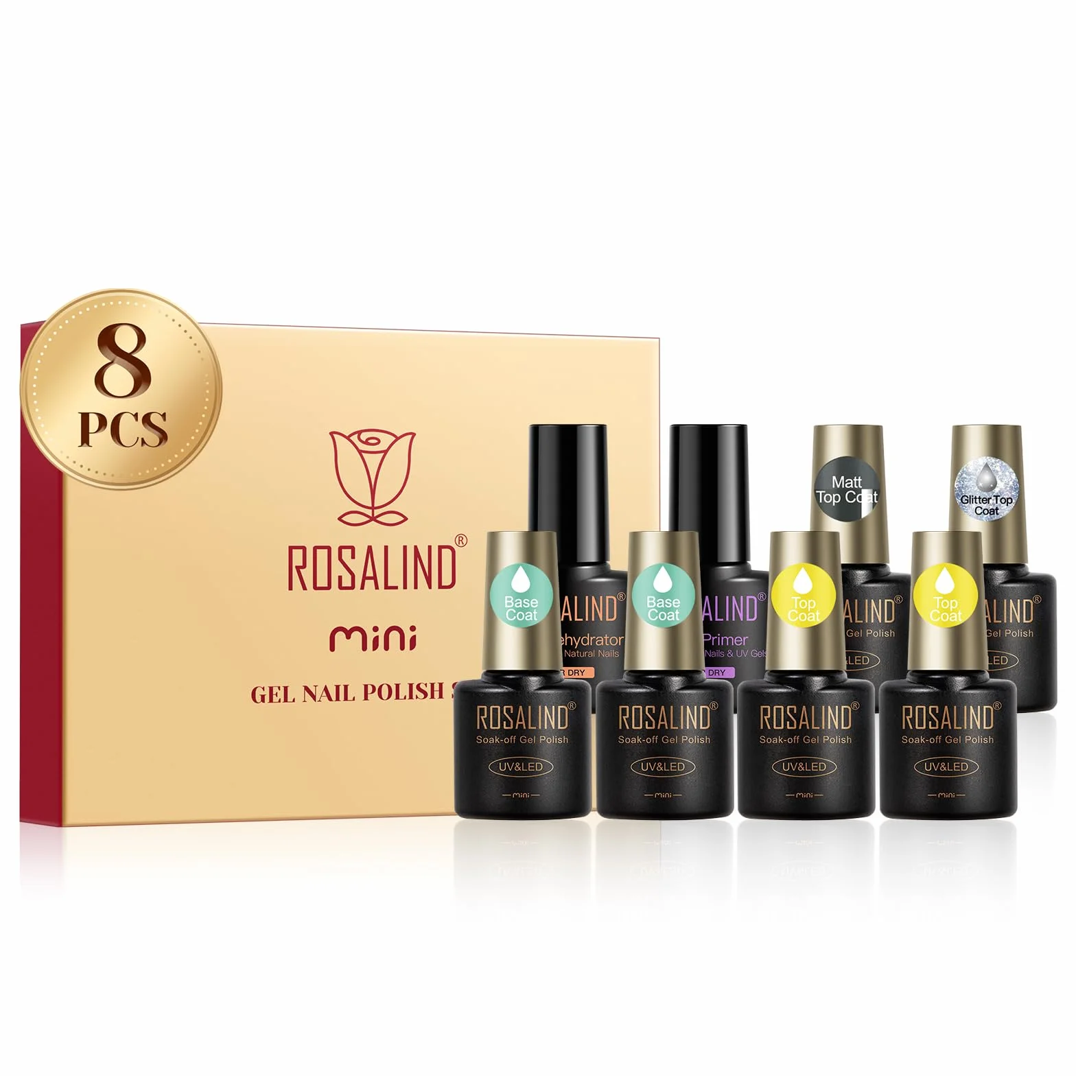 ROSALIND Base et Top Coat Vernis Semi Permanent 8PCS Kit UV LED Soak Off Gel Manucure