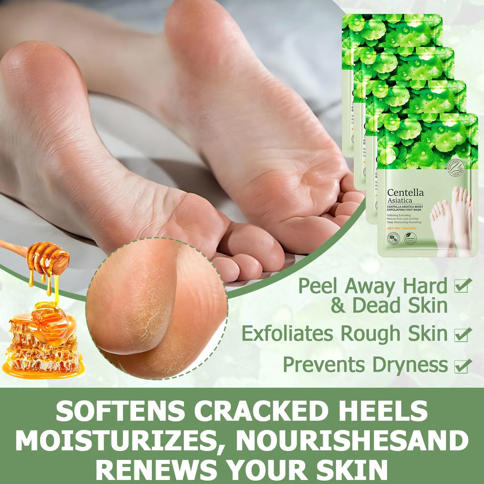 Masque Pieds Peeling Exfoliant 4 Paires, Centella Asiatica, Pieds Très Secs, Soin Nourrissant