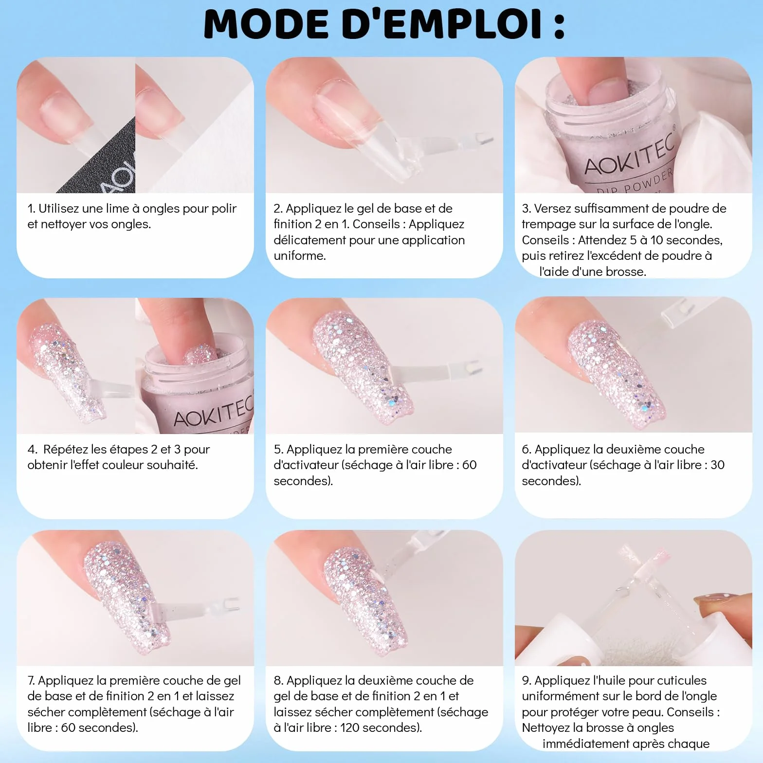 Aokitec Kit de poudre de trempage pour ongles bleue scintillante avec liquide - Nail art acrylique