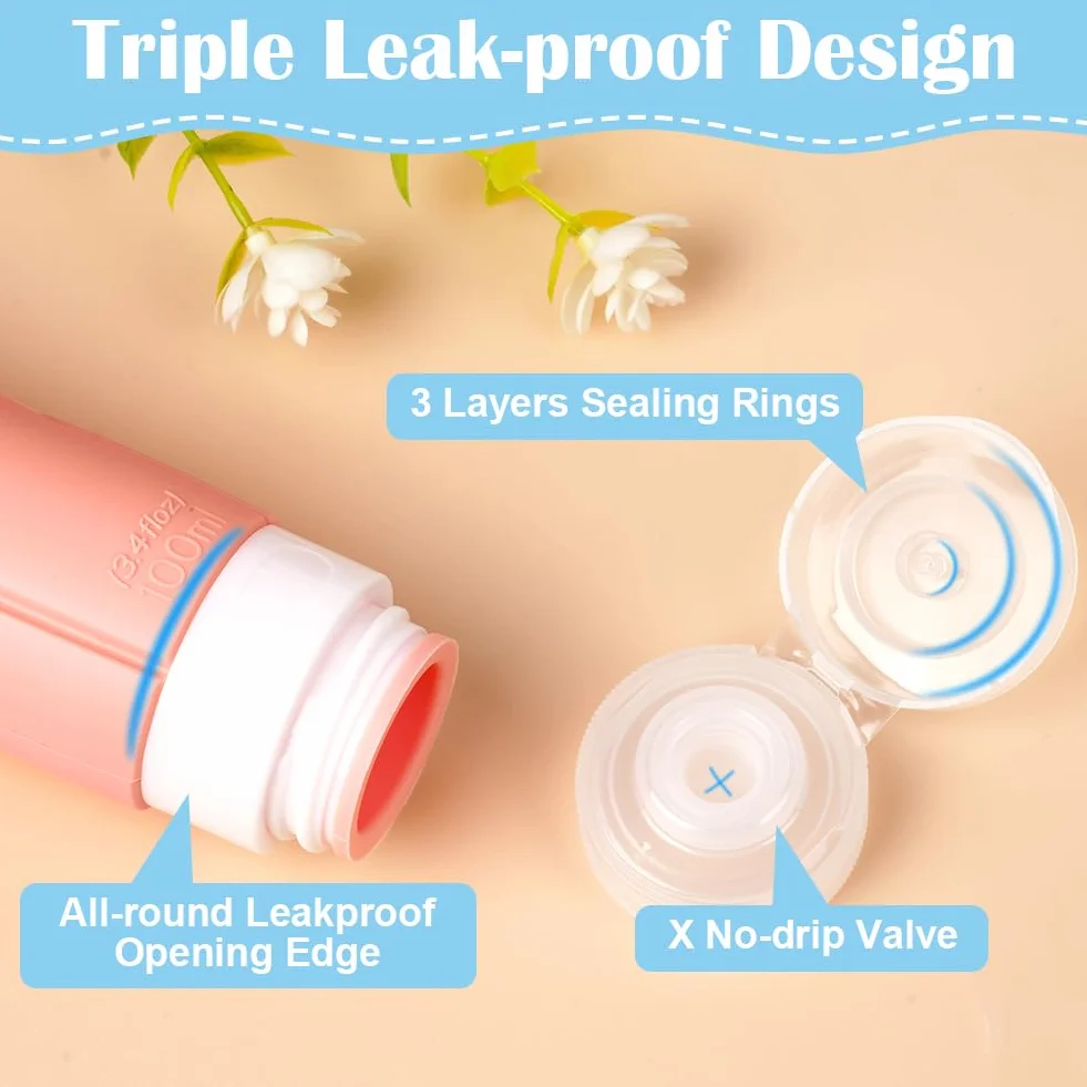Flacons de Voyage Avion 4PCS 100ml Silicone Étanches Kit Toilette Vide pour Shampooing Lotion Gel Douche