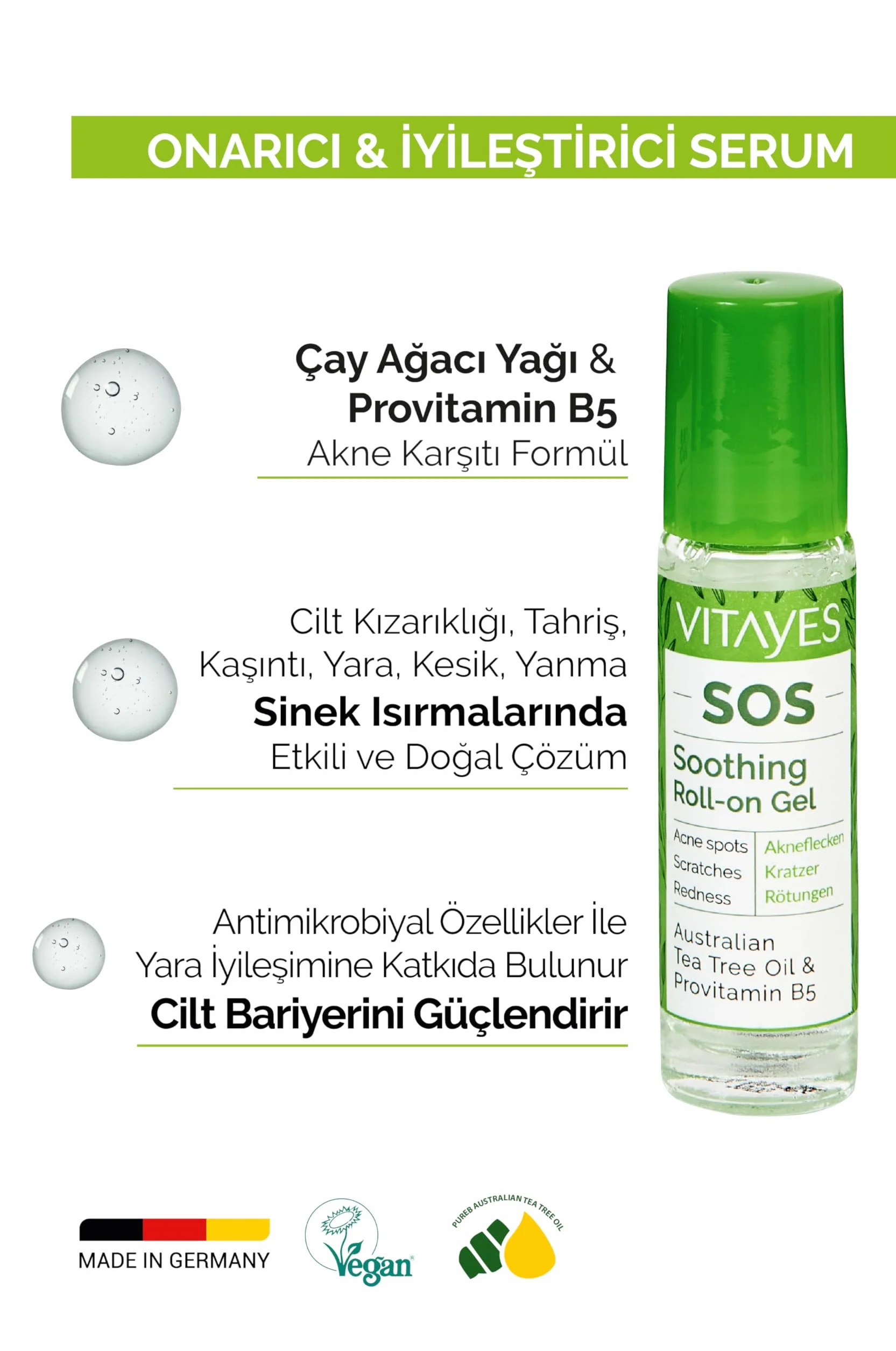 Huile essentielle d'arbre à thé BIO 3 x 10 ml – Stylo roll-on contre boutons, acné, imperfections – Vitamine B5 – Végétalien sans cruauté