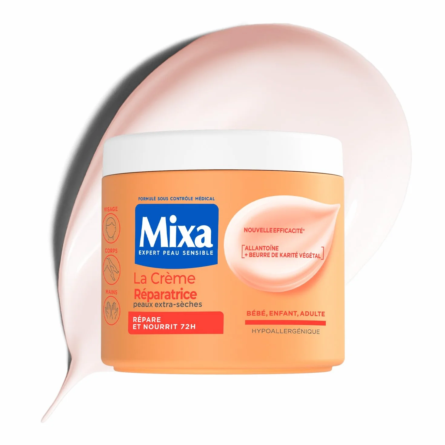 MIXA La Crème Réparatrice Multi-Usages Nutrition Intense 72H Anti-Dessèchement Peaux Extra-Sèches Corps Visage Mains 400ml