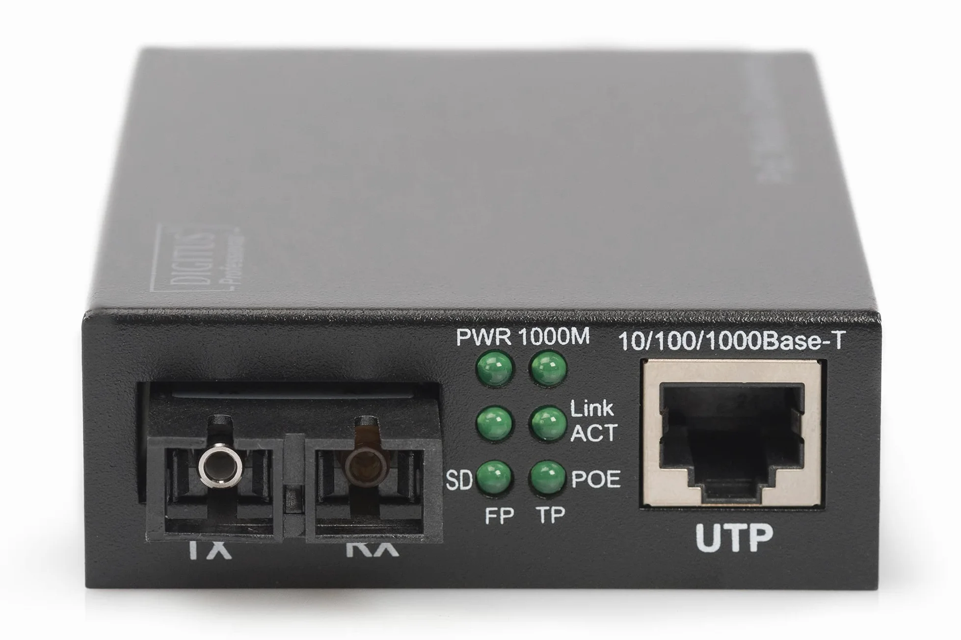 DIGITUS Convertisseur de média Gigabit – RJ45 vers SC Duplex – monomode | Injecteur PoE – 1 Gbit/s – longueur d'onde 1 310 nm – portée jusqu'à 20 km – cuivre vers fibre optique – noir