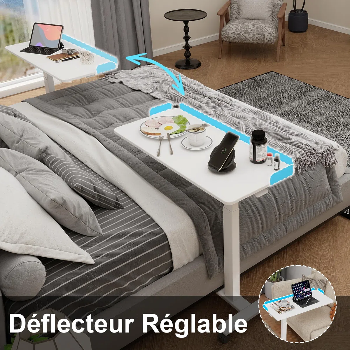 PUNCIA Table de Lit allongée de 90cm avec 4 Roues Bureau Debout (Blanc)