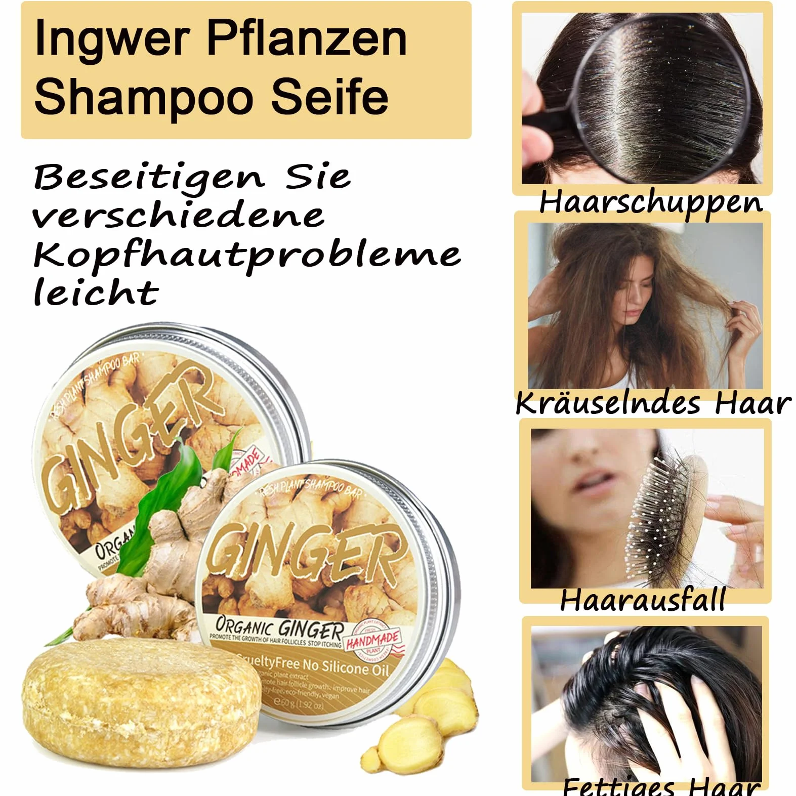 Barre de shampooing au gingembre bio anti-chute cheveux savon plantes naturelles