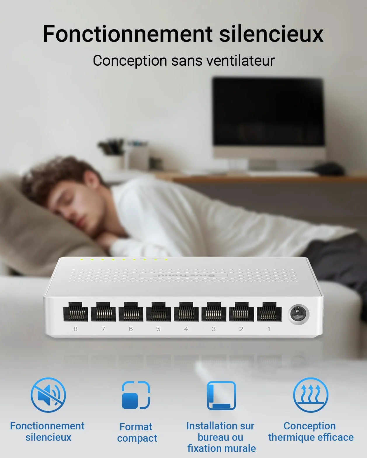BrosTrend Switch Ethernet 2.5G 8 Ports, RJ45 Unmanaged, 2.5G Base-T, 100/1000/2500Mbps