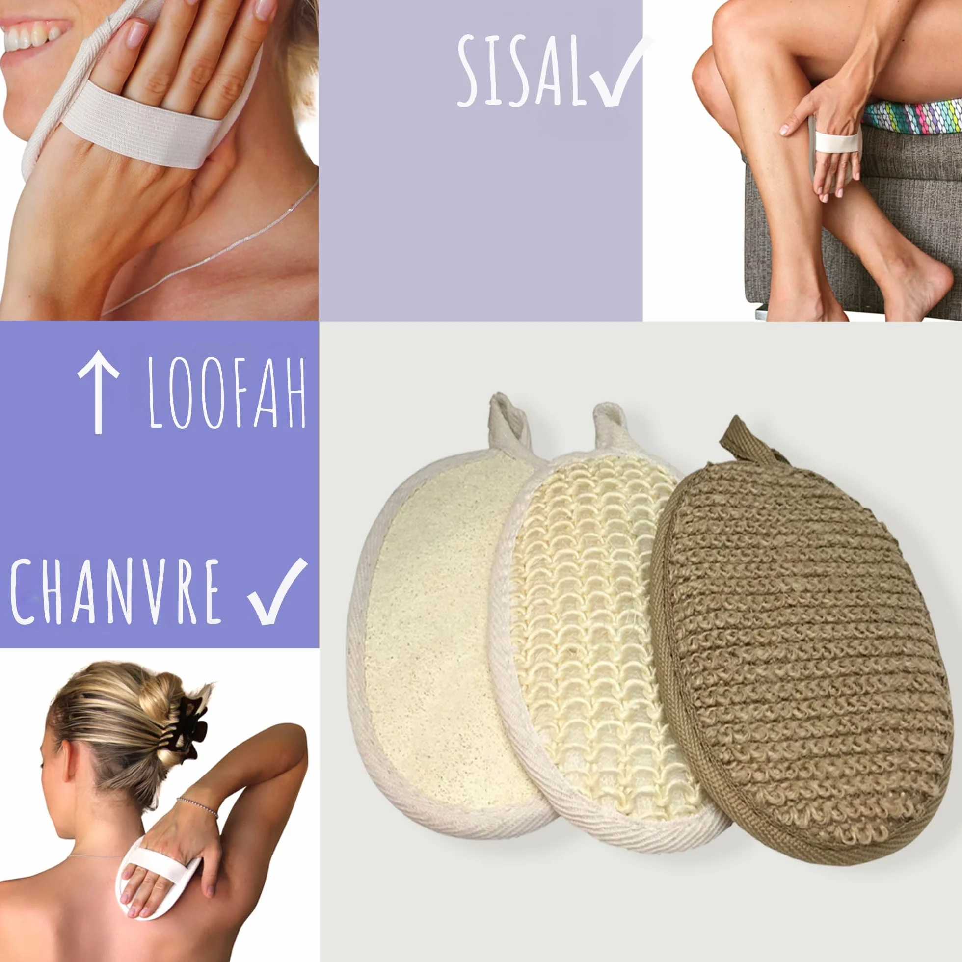 Lot de 3 Gants Exfoliants Naturels Luffa Chanvre Sisal Corps Visage Zéro Déchet