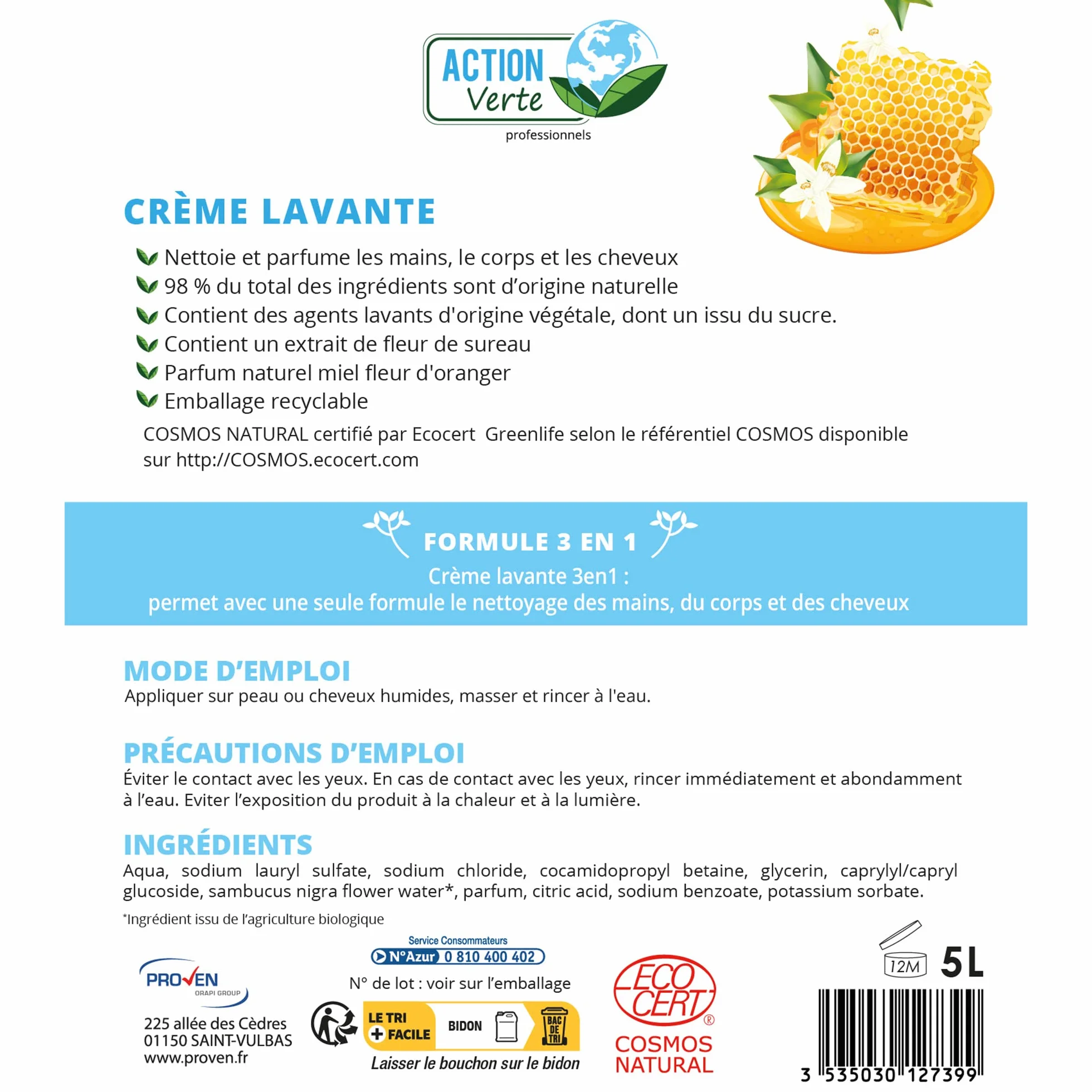 Crème lavante 5L Ecocert naturelle parfum fleur d'oranger et miel Fabrication française