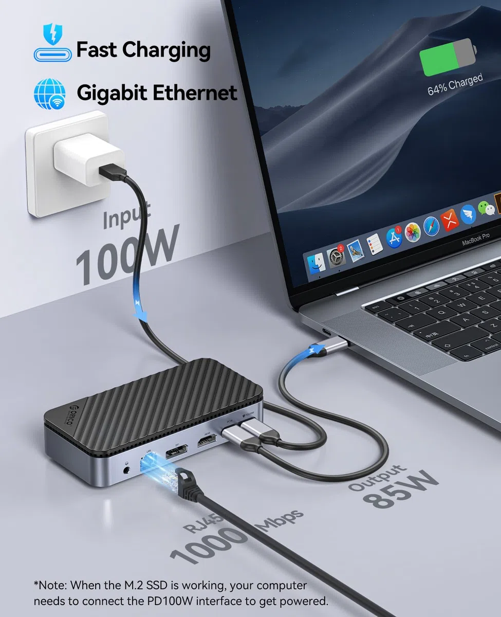 ORICO Hub USB C 12 en 1 avec boîtier M.2 SSD, Station d'accueil USB-C sans Outil avec Ventilateur, Docking Station HDMI,DP,RJ45,100 W PD, SD/TF, Audio/Mic, USB A&C 10 Gbps USB A&C 2 x 5 Gbps USB A