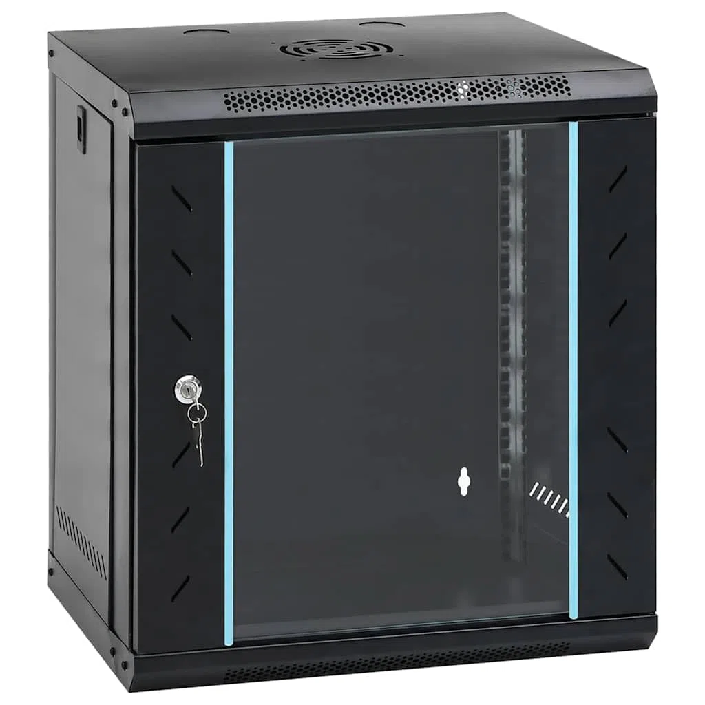 Armoire réseau murale 53 x 45 x 60 cm, armoire serveur en acier avec porte en verre de sécurité, armoire de données pour bureau et infrastructure informatique, répartiteur mural verrouillable, noir