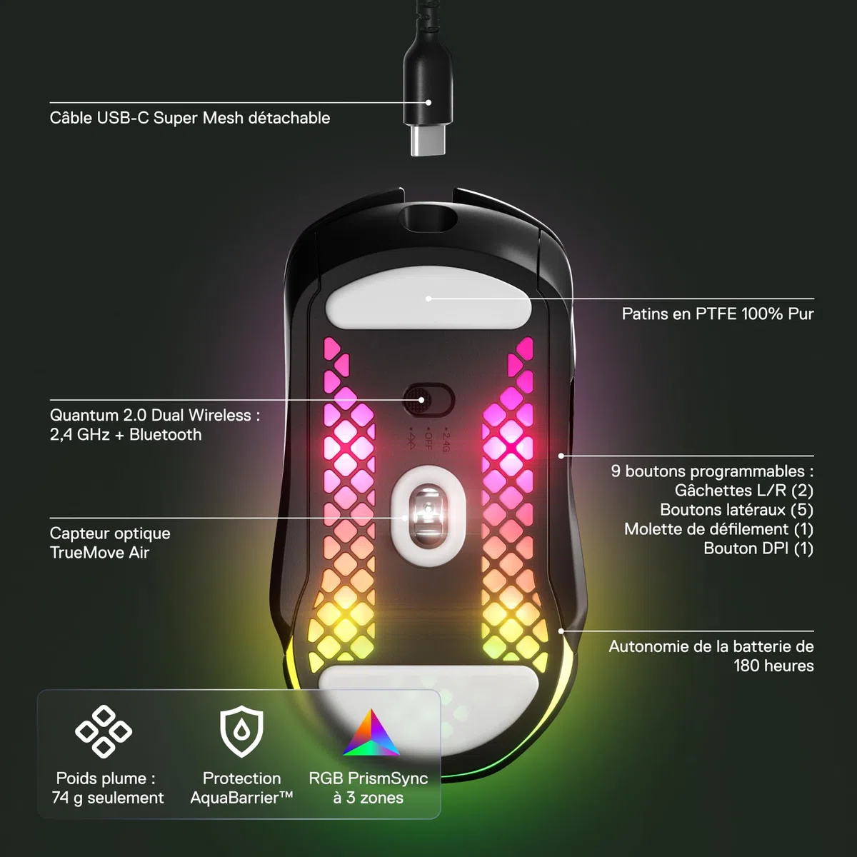 SteelSeries Aerox 5 Wireless - Souris Gaming perforée RGB - Design Ultra-léger et étanche & QcK XXL - Tapis de Souris de Jeu - Tissu - Base en Caoutchouc - Noir (900 mm x 400 mm)