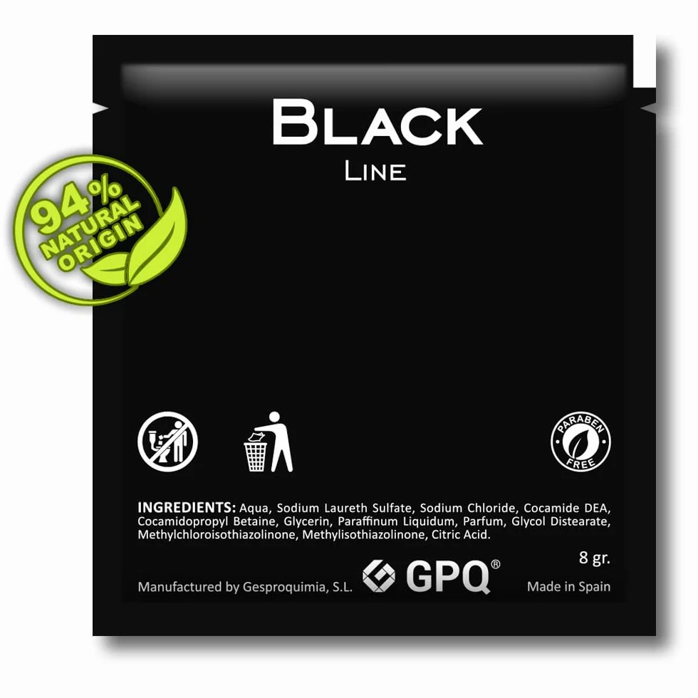 Gel/Shampooing 2en1 BLACK Line 8 gr. 400 Und. 94% Natural Origin Sans Parabènes Fabriqué dans l’UE