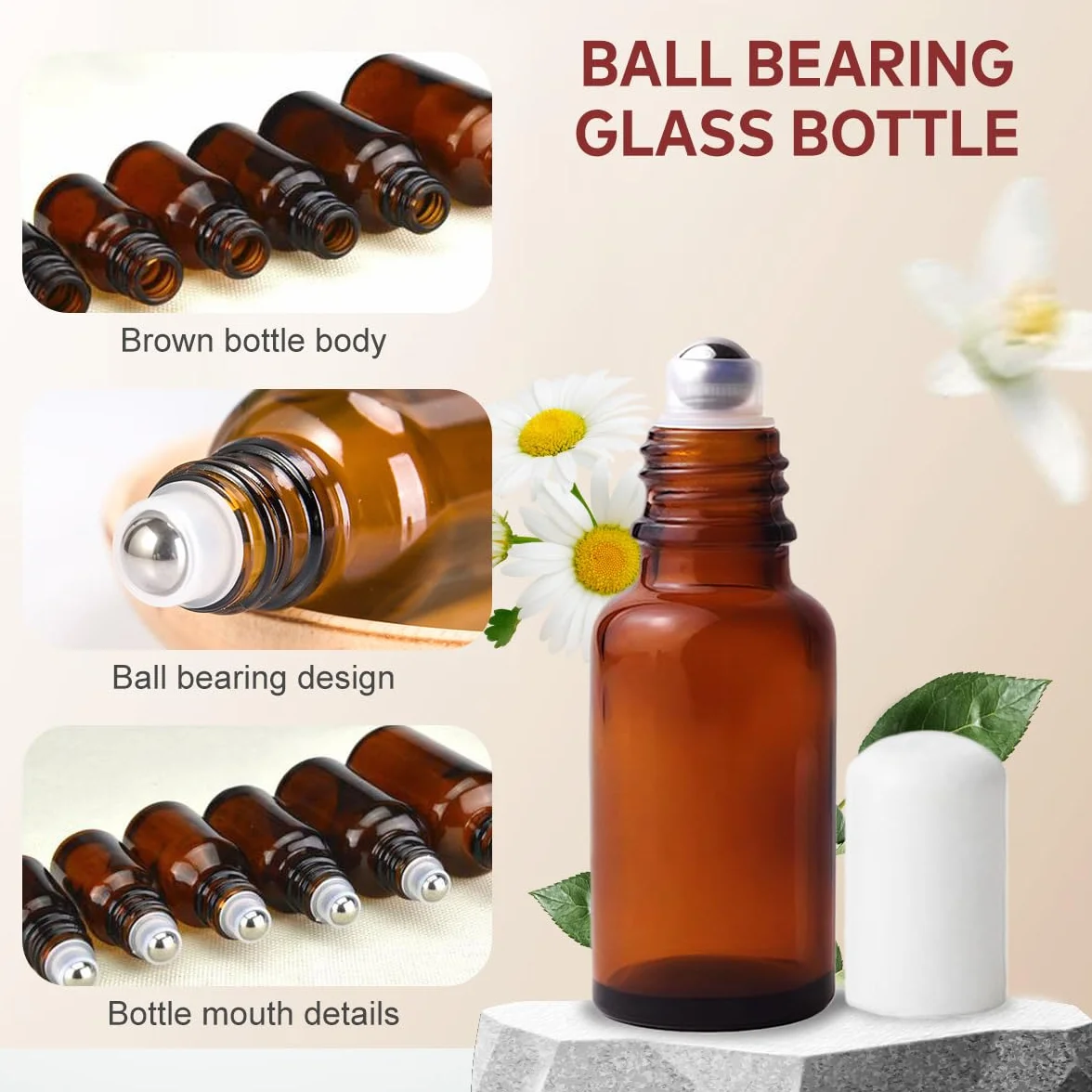 Lot de 3 flacons roulants vides en verre ambré 20 ml avec billes en acier inoxydable rechargeables pour huiles essentielles