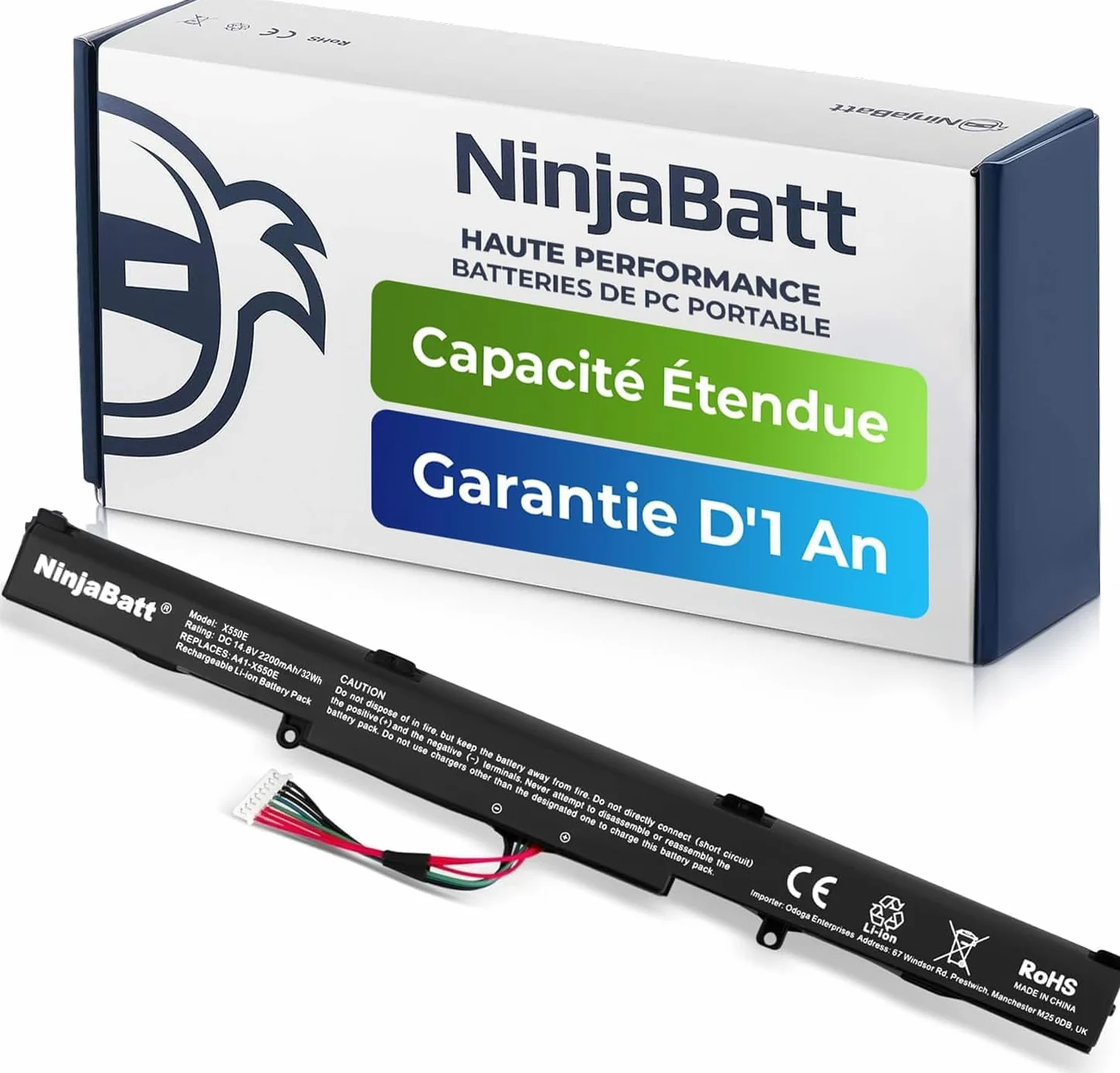 NinjaBatt Batterie A41-X550E R752L R751L pour ASUS X751L F751L K751L R751L R752L X450 X450E X450FJ A450J A450E X550E X550D X550V X550Z X550DP X550ZA X751M F450 F751MA 33Wh 14.8V