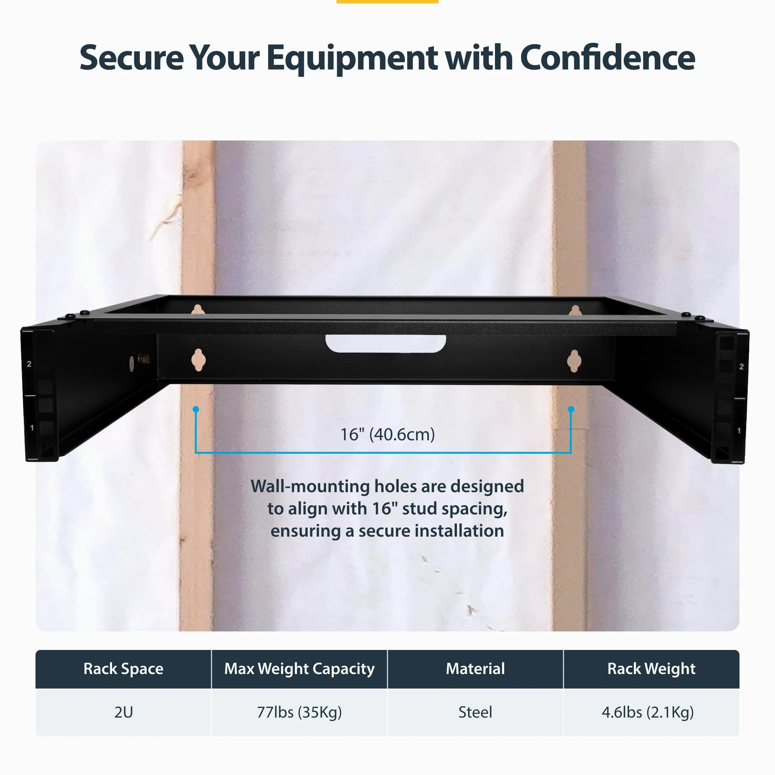 StarTech Rack Mural 2U 19", Profil Bas, 36cm, 35kg (RACK-2U-14-BRACKET) | Réseau, Baie de brassage, Support étagère, Serveur, Équipement informatique/réseau, Mini baie, Noir