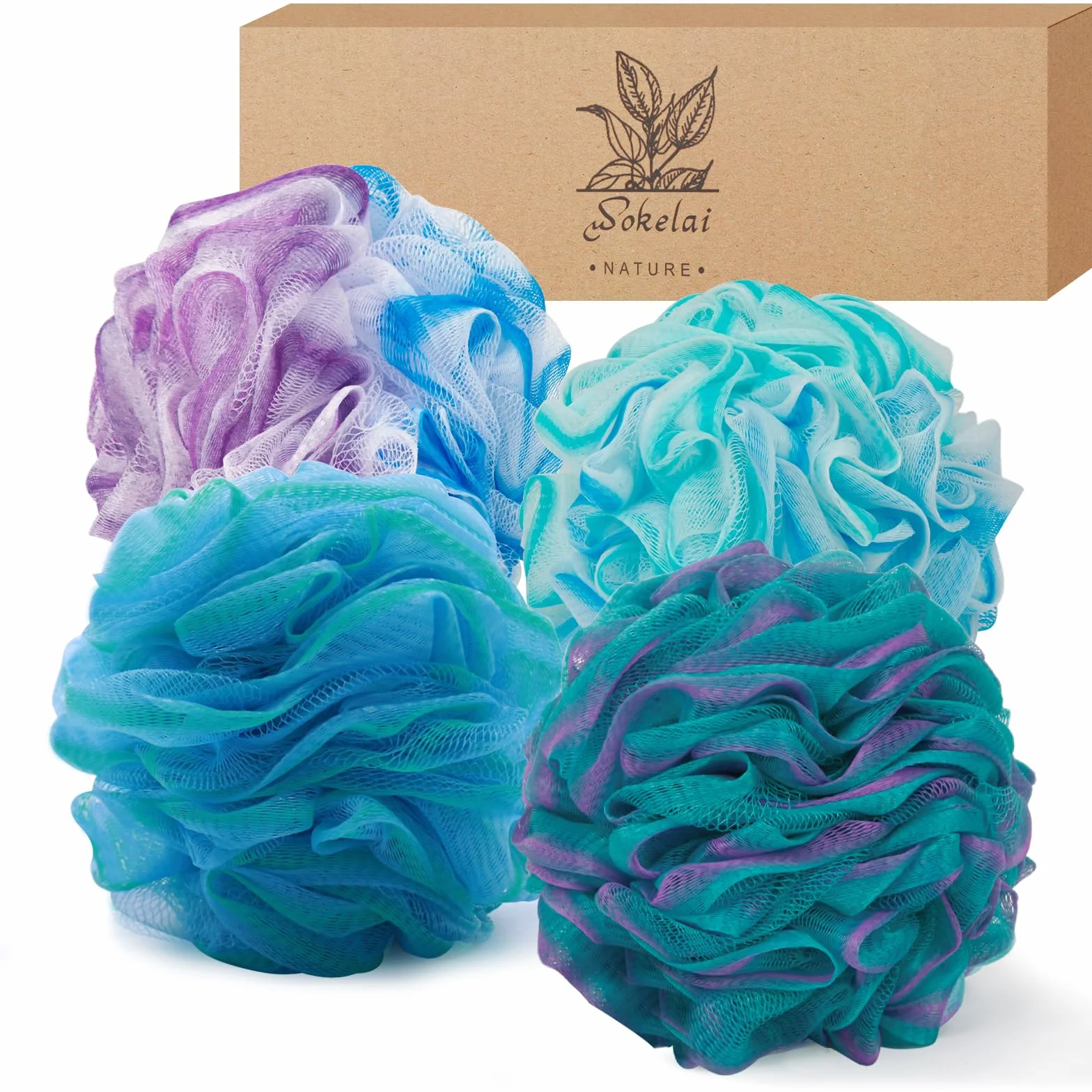 Luffa Lot de 4 éponges exfoliantes pour le corps et le bain – Éponges en luffa pour peaux sèches (bleu et violet)