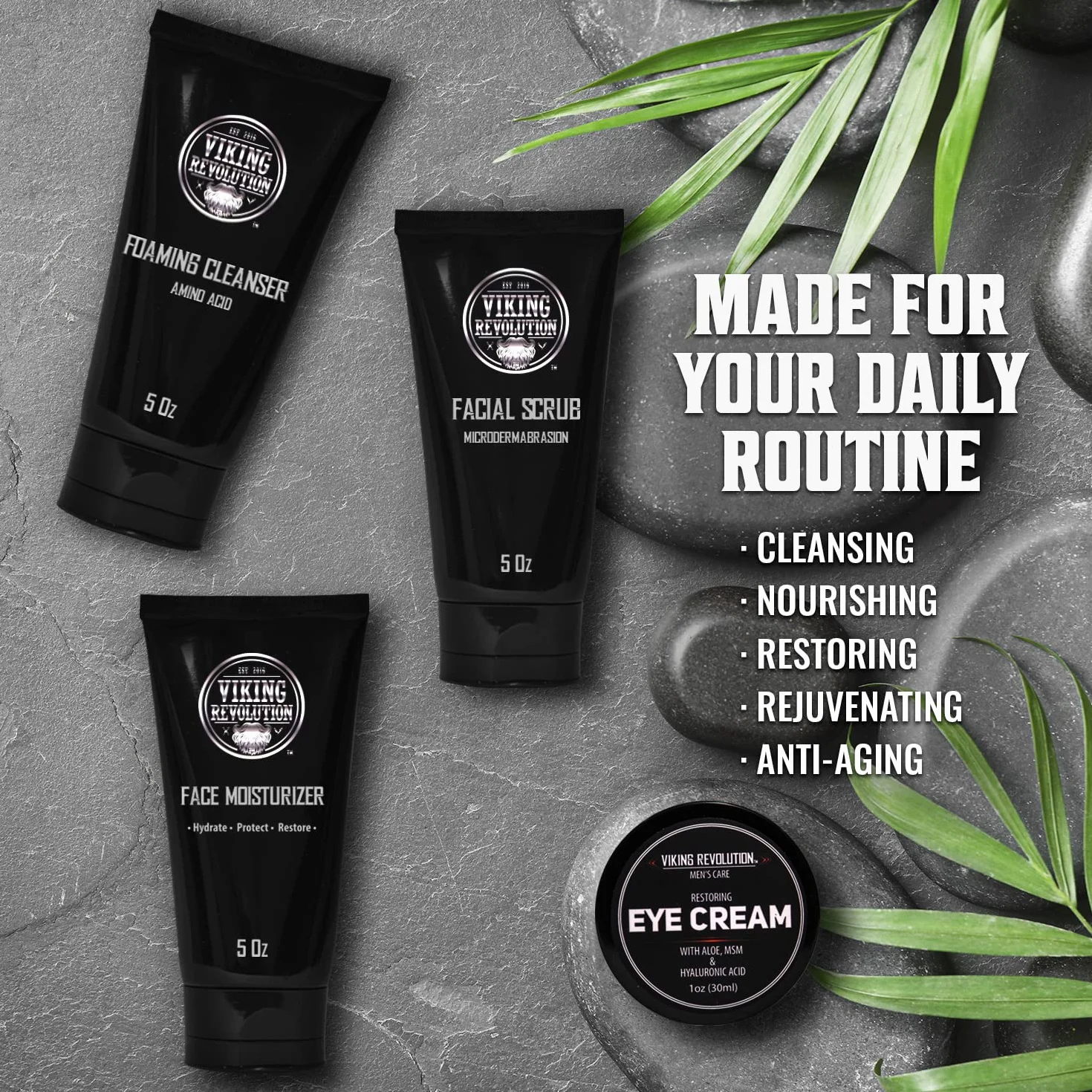 Viking Revolution Coffret Soin Visage Homme Crème Hydratante Gommage Exfoliant Nettoyant Visage Crème Yeux Cadeau Homme