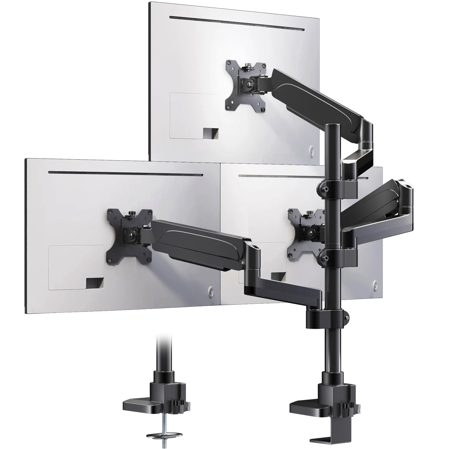 PUTORSEN Support 3 Ecran PC pour Écran de 17 à 32 Pouces, Support Triple Ecran, Capacité de Poids de 9kg par Bras, Support d'écran Pivotant et Inclinable, Support Ecran PC 3 Ecran, VESA 75/100 mm