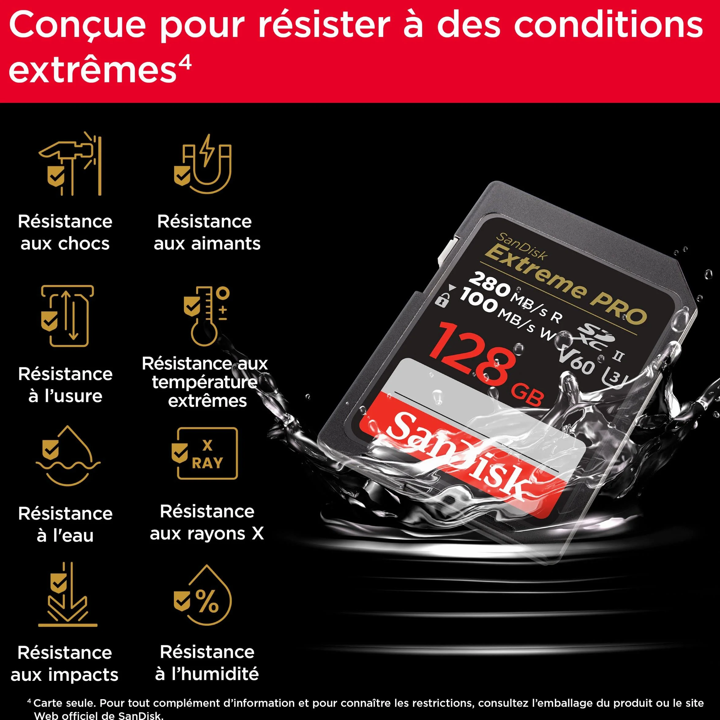 SanDisk Extreme PRO Carte SDXC 128 Go V60 UHS-II Lecture 280 Mo/s 6K 4K UHD Class 10 U3