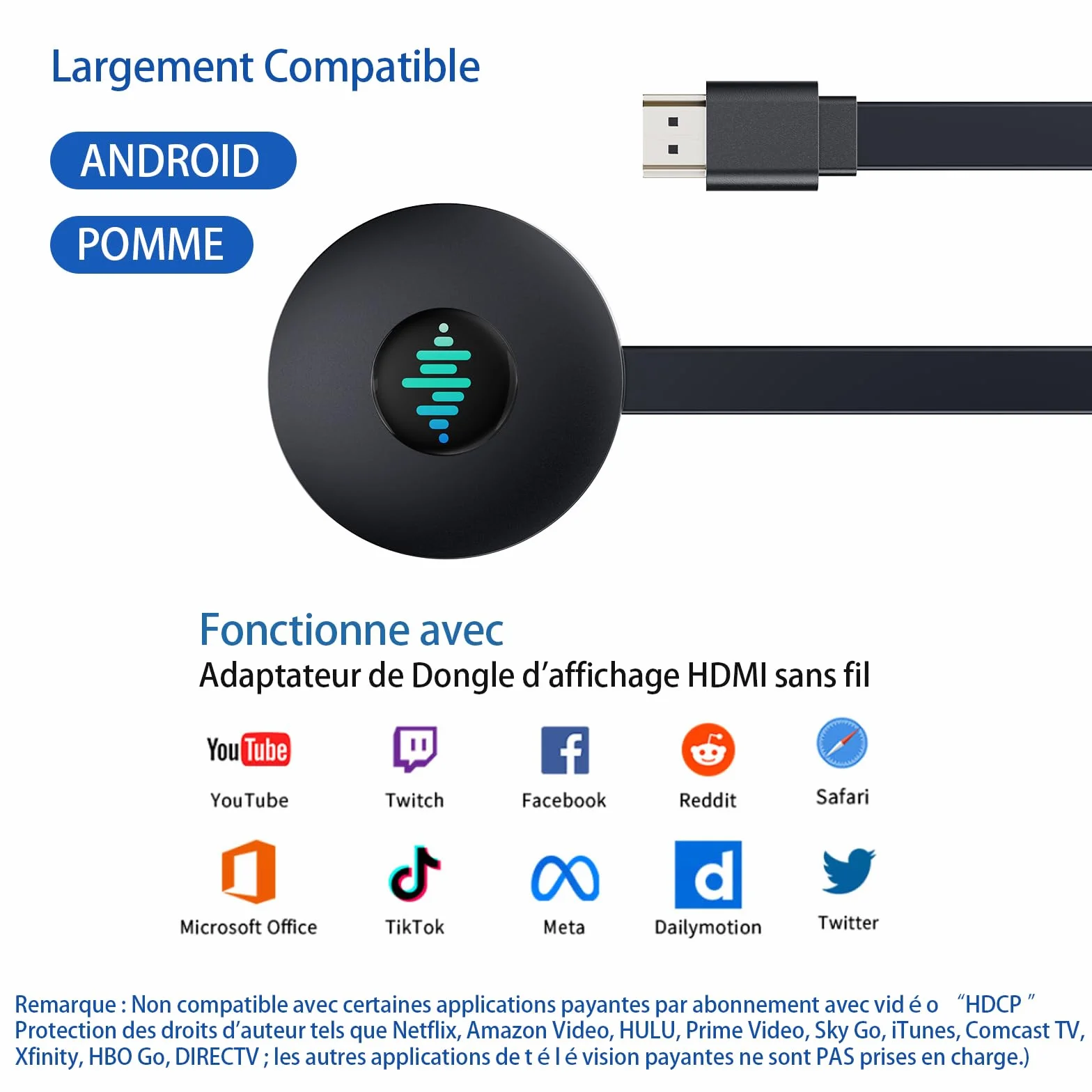 Miracast Dongle 4K 5G sans Fil HDMI pour iPhone iPad Android