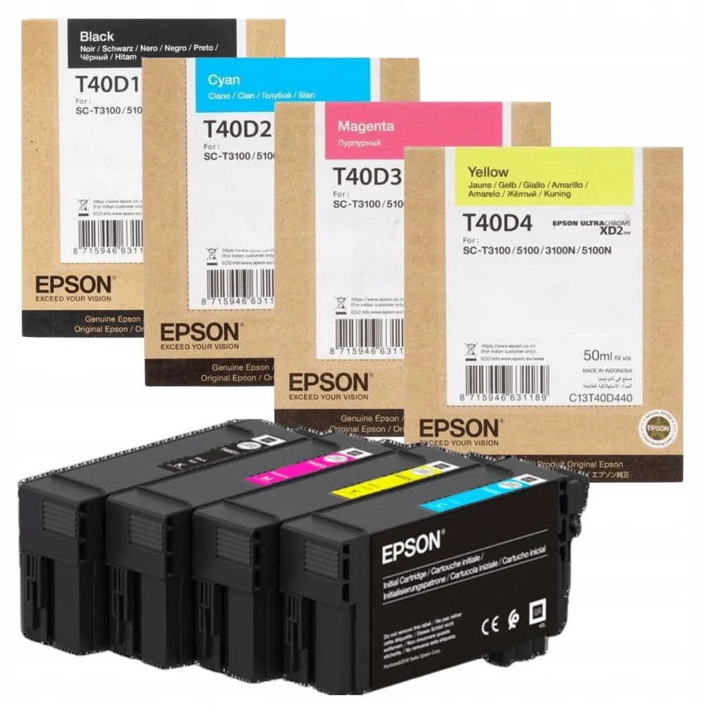 Epson Lot de Cartouches d'encre XL d'origine T40 T40D1 Noir XL 80 ML + T40D2, T40D3, T40D4 XD2 Cyan, Magenta, Jaune XL 50 ML pour SureColor SC-T2100 SC-T3100 SC-T5100