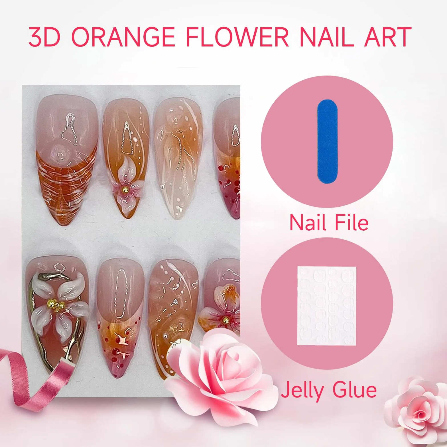 GlamRays 30 pièces Stickers Ongles 3D Fleurs d'oranger, Faux Ongles French Tip Amande Moyenne Design Cristal