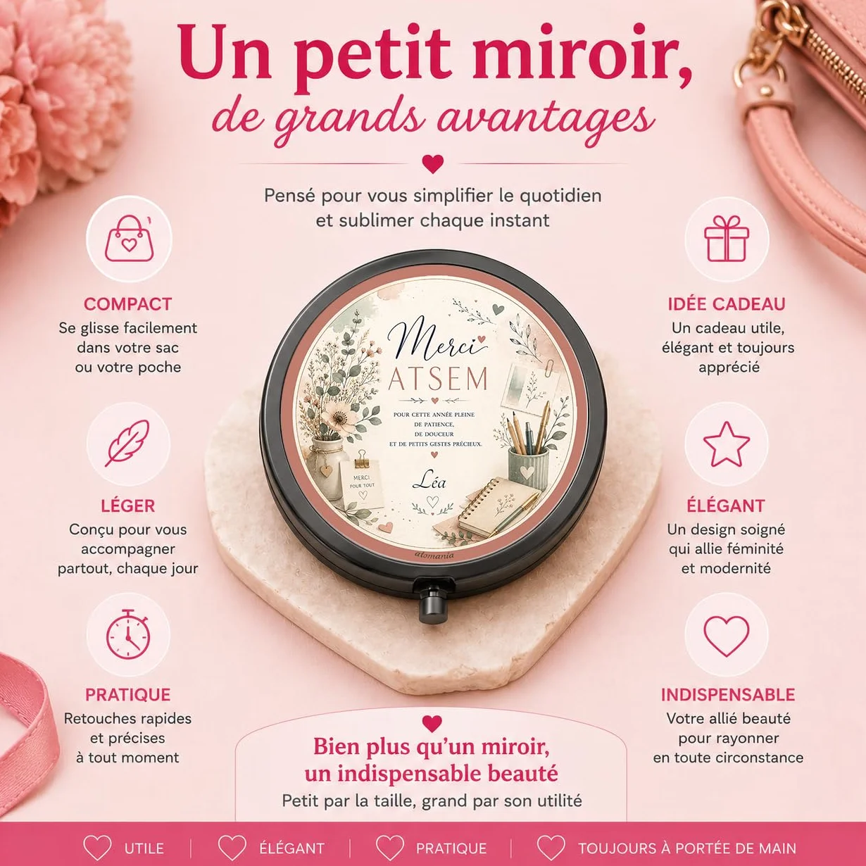 Miroir de Poche Personnalisé ATSEM Cadeau Fin d'Année Scolaire avec Prénom