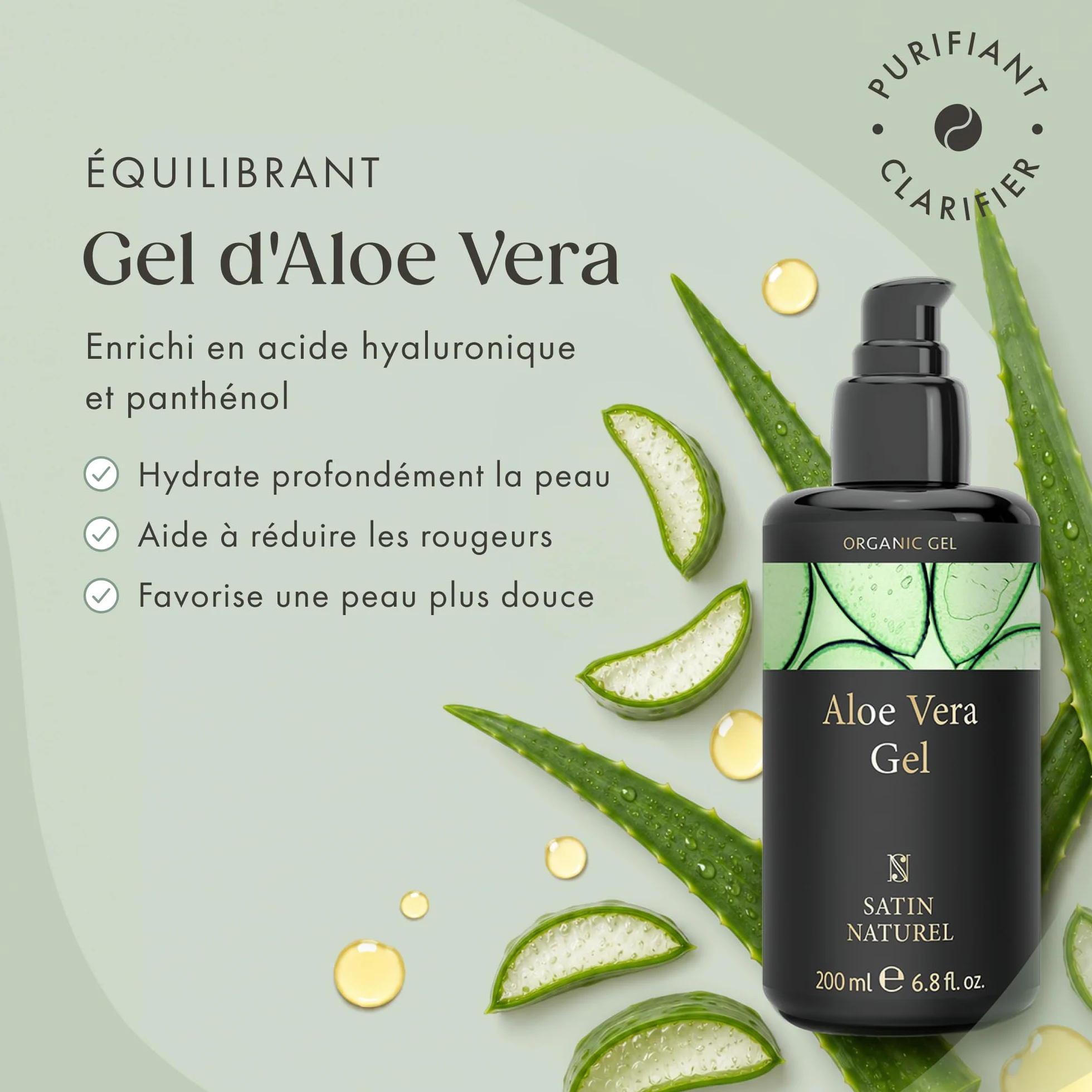 Satin Naturel Gel Aloe Vera Bio 200 ml – Gel d’Aloe Vera Concentré – Acide Hyaluronique & Panthénol – Soin Hydratant Visage, Corps & Cheveux