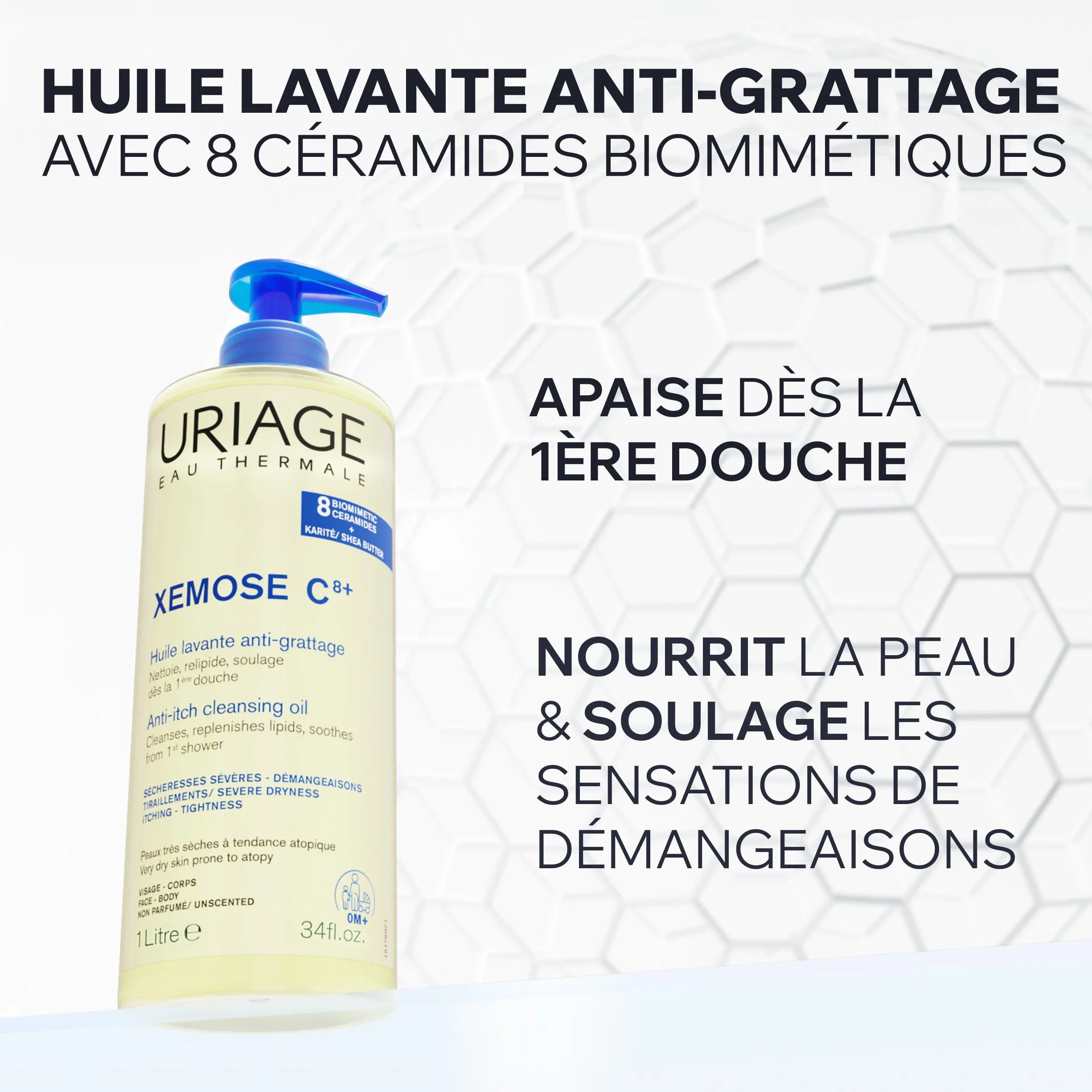 Uriage Xemose Huile Lavante Peau Sèche Atopique Gel-en-Huile Moussant Nourrissant Visage Corps Non Parfumée Sans Savon pH Physiologique