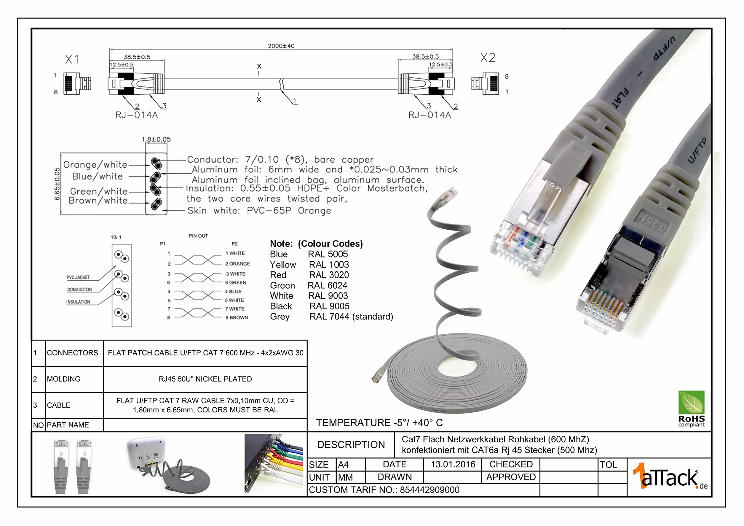10m - noir - 10 pièces Câble plat Cat7 câble réseau Cat 7 câble brut Gigabit Lan (10Gbit/s) câble ruban câble d'installation câble de raccordement plat mince prise Rj 45 Cat6a