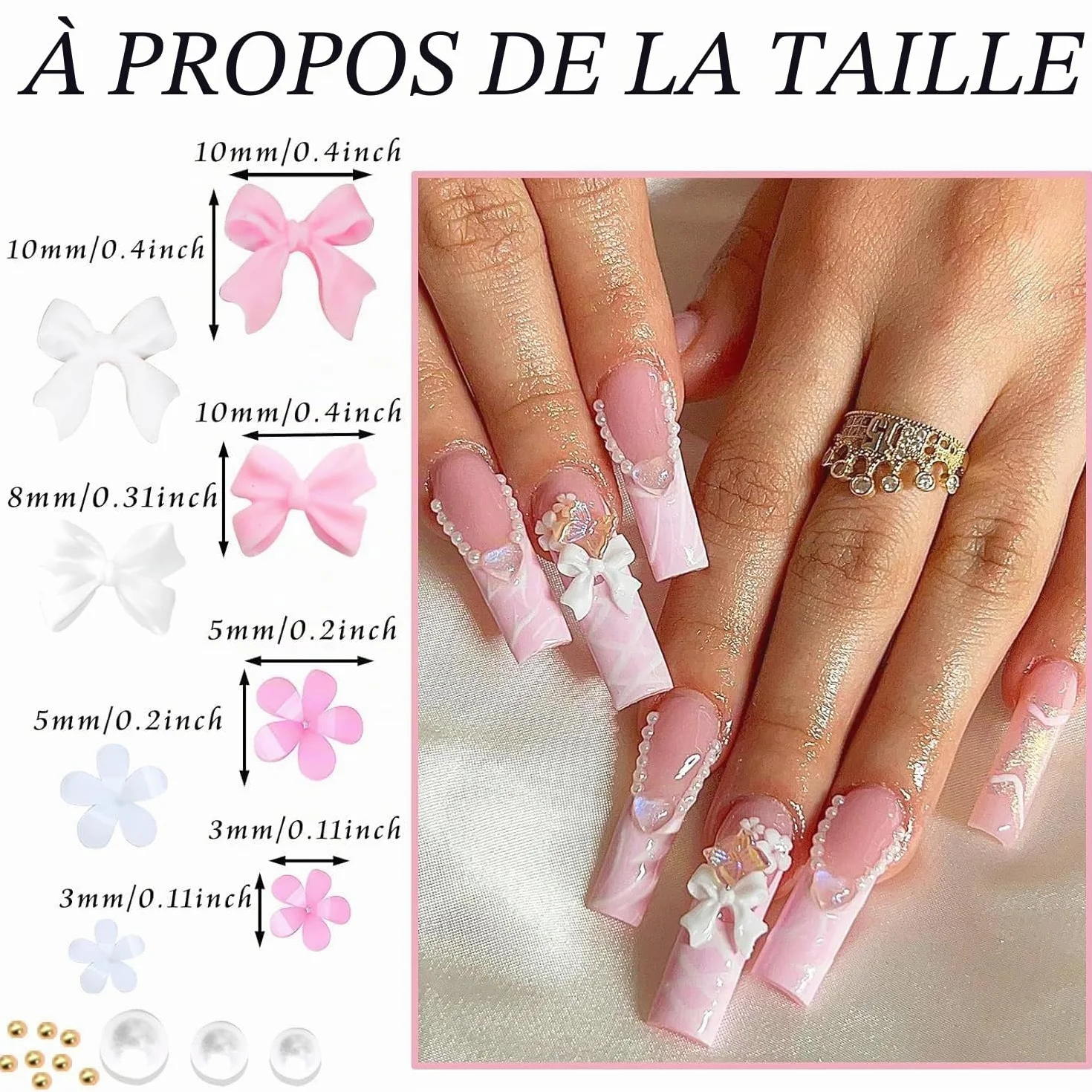 Boîtes de breloques pour ongles 3D nœud fleur demi-perle roses pailletées accessoires manucure loisirs créatifs