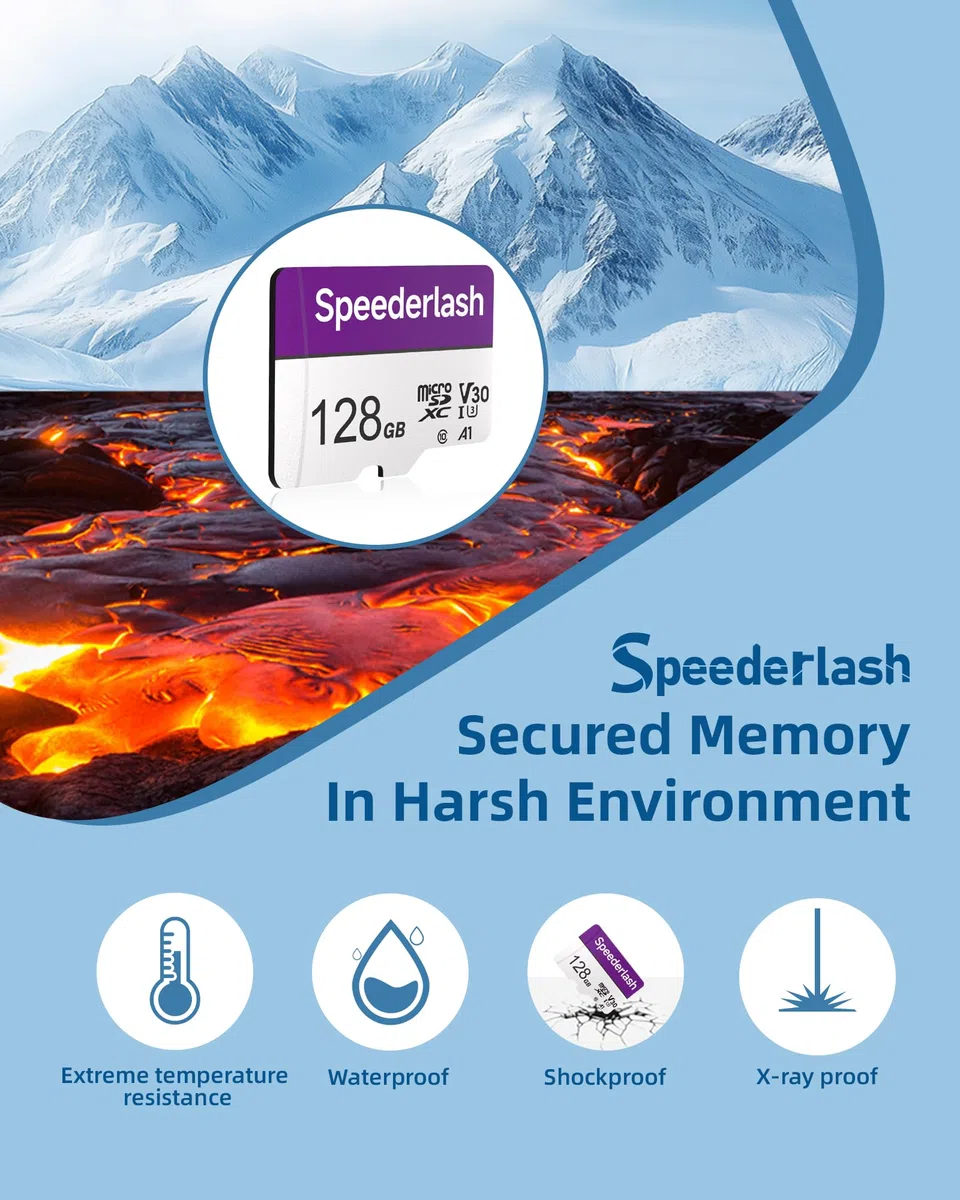 Speederlash Camera Plus Lot de 5 cartes mémoire micro SDXC 128 Go avec adaptateur, vitesse de lecture jusqu'à 90 Mo/s, support vidéo 4K UHD et 5K, classé U1, V30, A1, étanche, pour caméra de sécurité