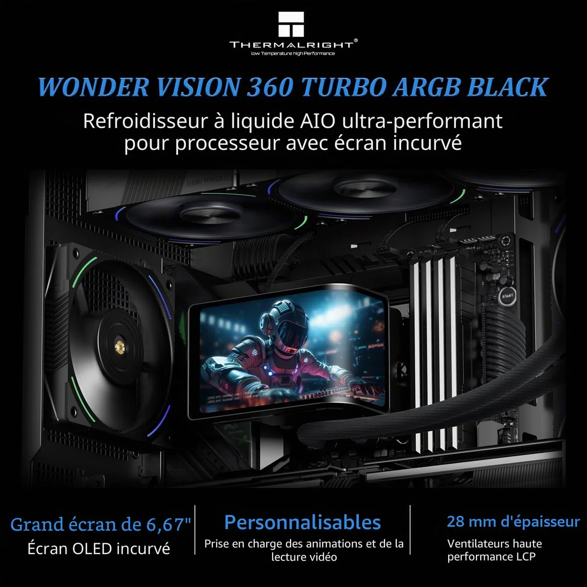 TR -Wonder Vision 360 TURBO ARGB Black AIO Refroidissement CPU, système de refroidissement étanche CPU, écran incurvé de 6,67 pouces avec résolution 2400x1080, pour AM4/AM5, LGA1851/1700, 7:3 rapport